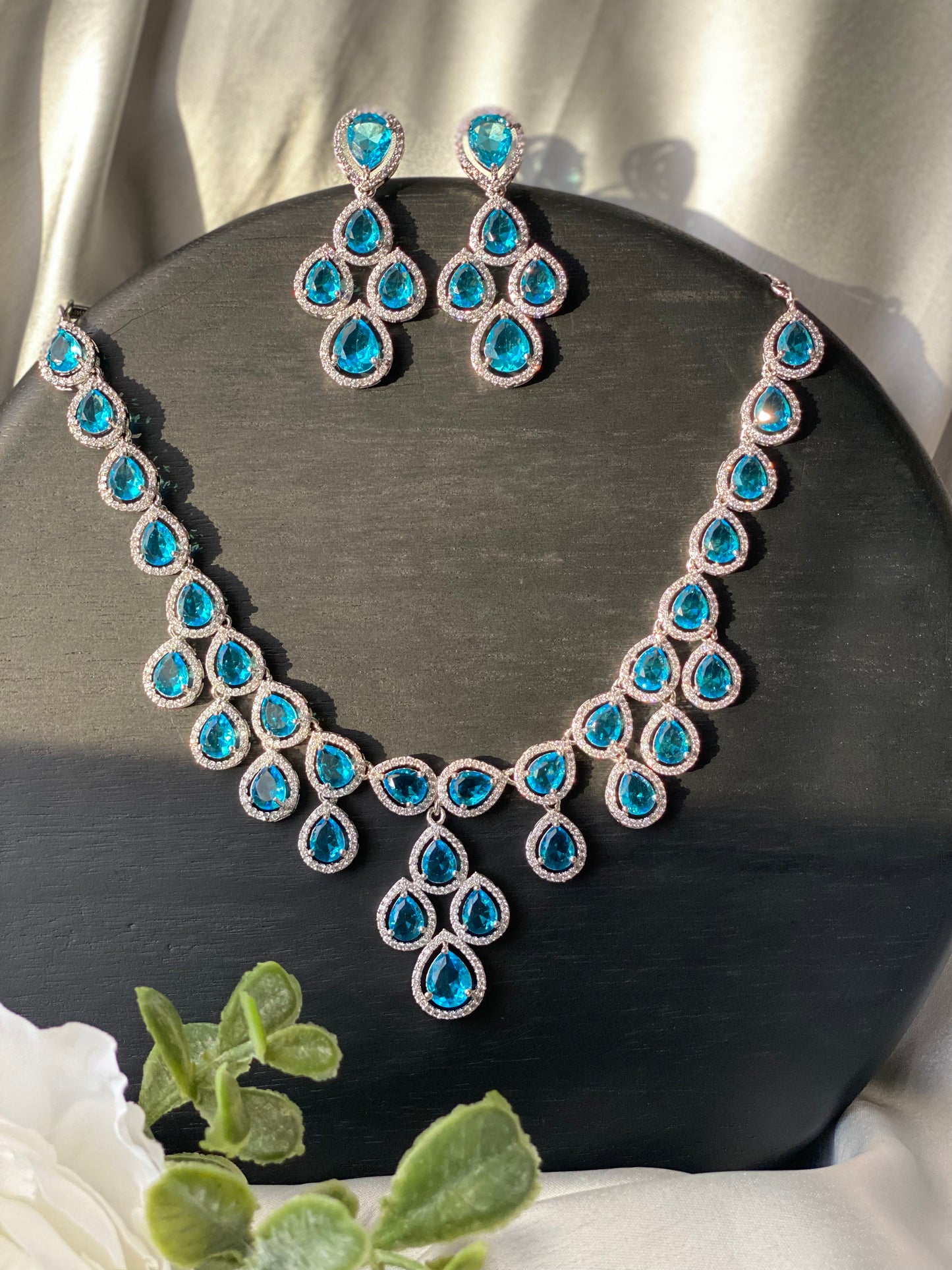 AISHA American Diamond Luxury Necklace Set - Sea Blue