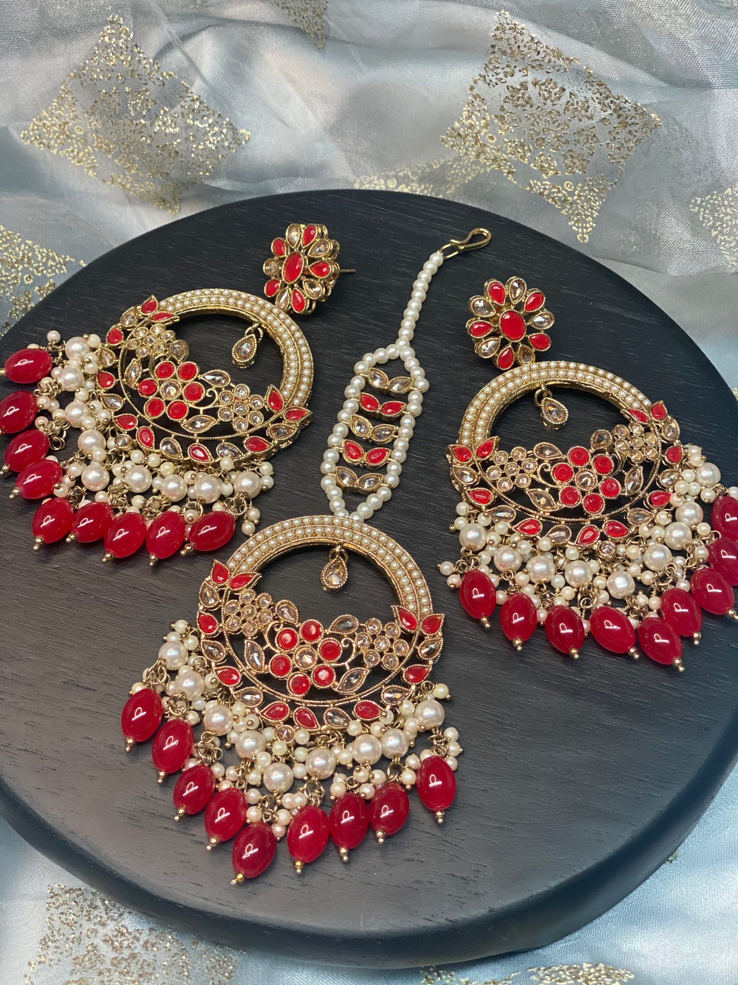 ASHIRA Polki Jhumka Earrings and Tikka Set - Forest Red