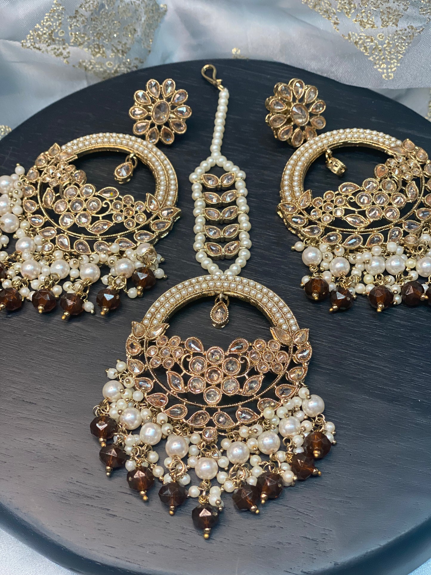 ASHIRA Polki Jhumka Earrings and Tikka Set - Earthy Brown