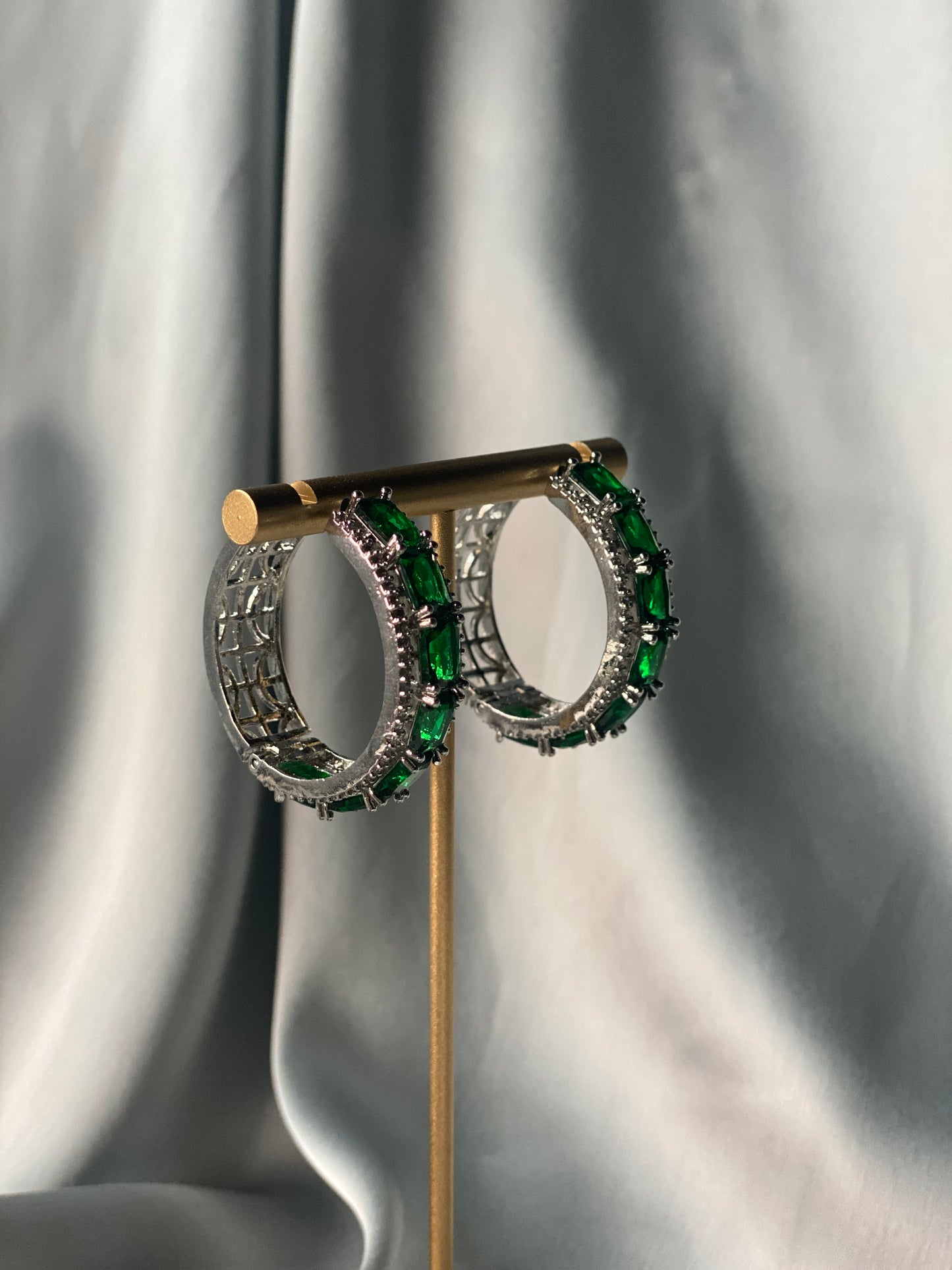 FIZAA American Diamond Hoop Earrings - Emerald