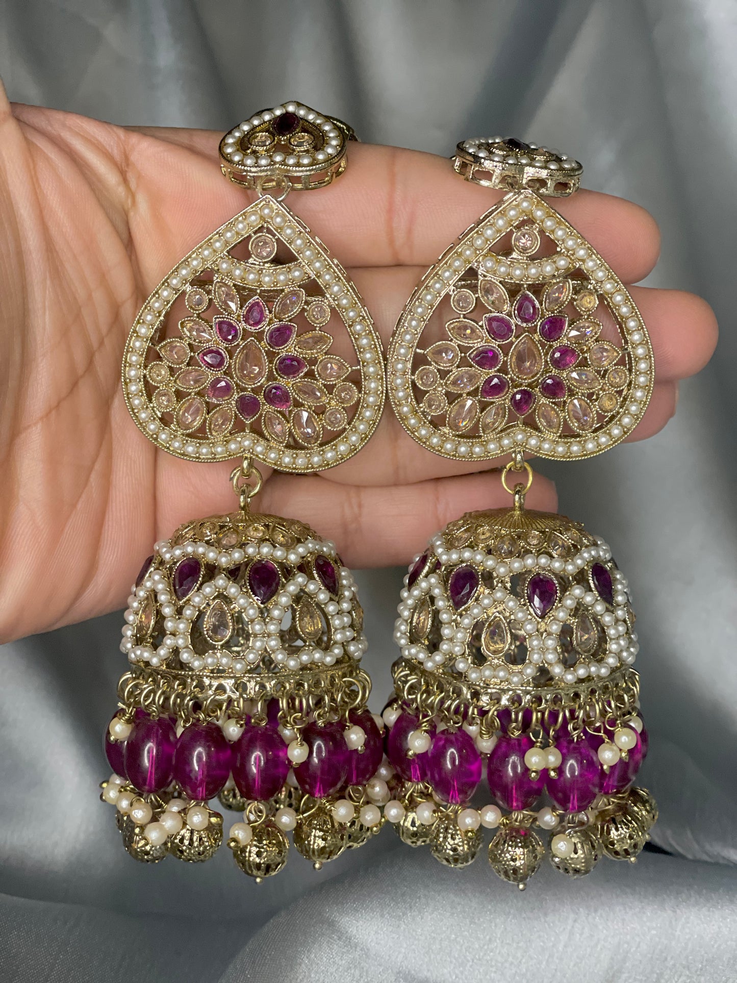 FATEMA Polki Jhumka Earrings and Tikka Set - Purple