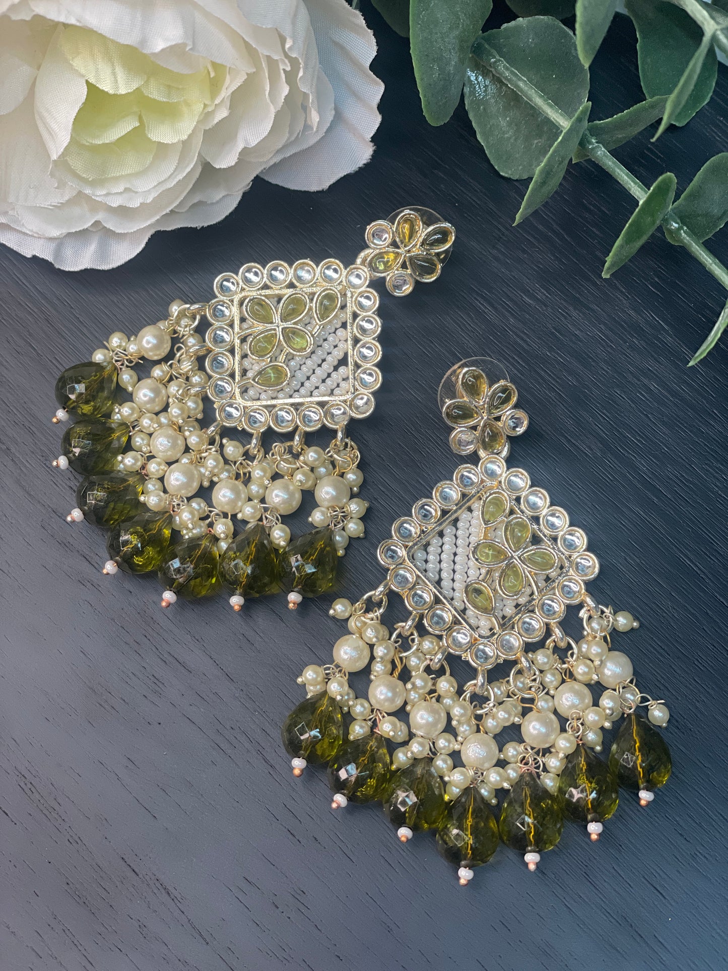 NAVYA Kundan Pearl Earrings - Olive