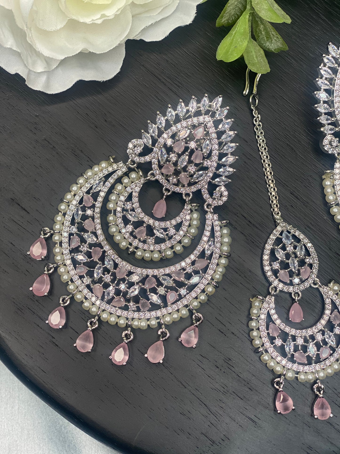 AVANI American Diamond Earrings and Tikka set - Blush