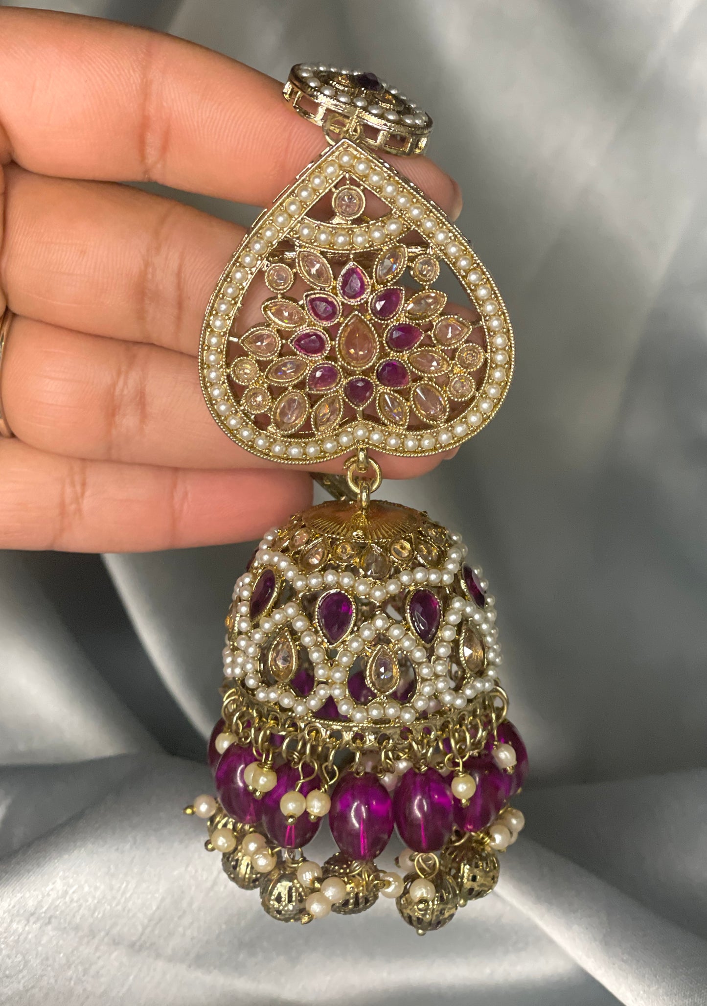 FATEMA Polki Jhumka Earrings and Tikka Set - Purple
