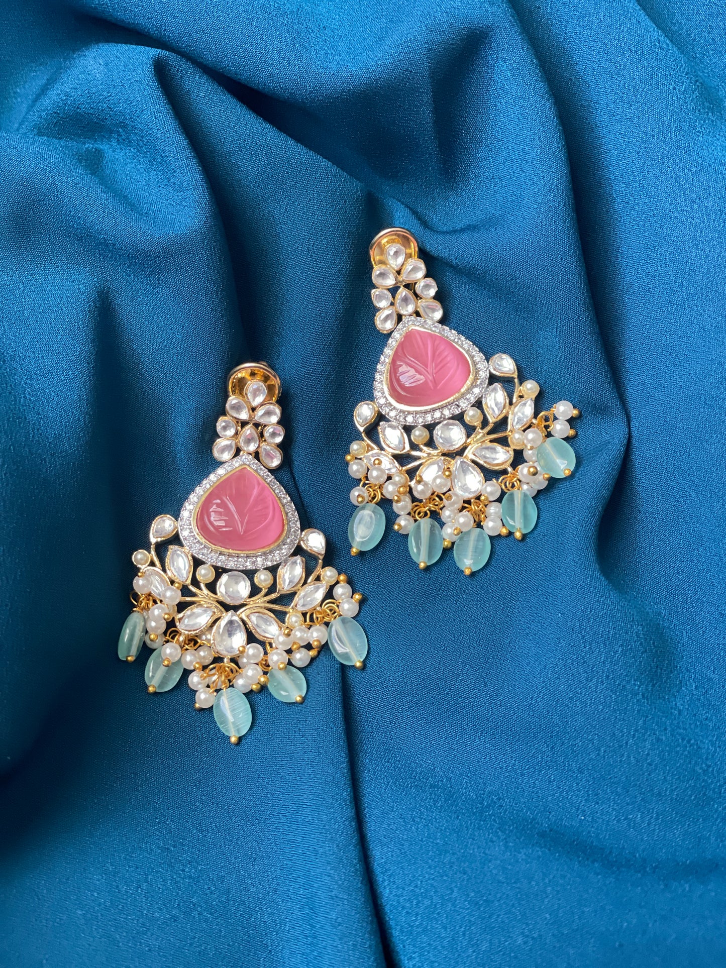 ZYLA Kundan American Diamond Chandbali - Pink