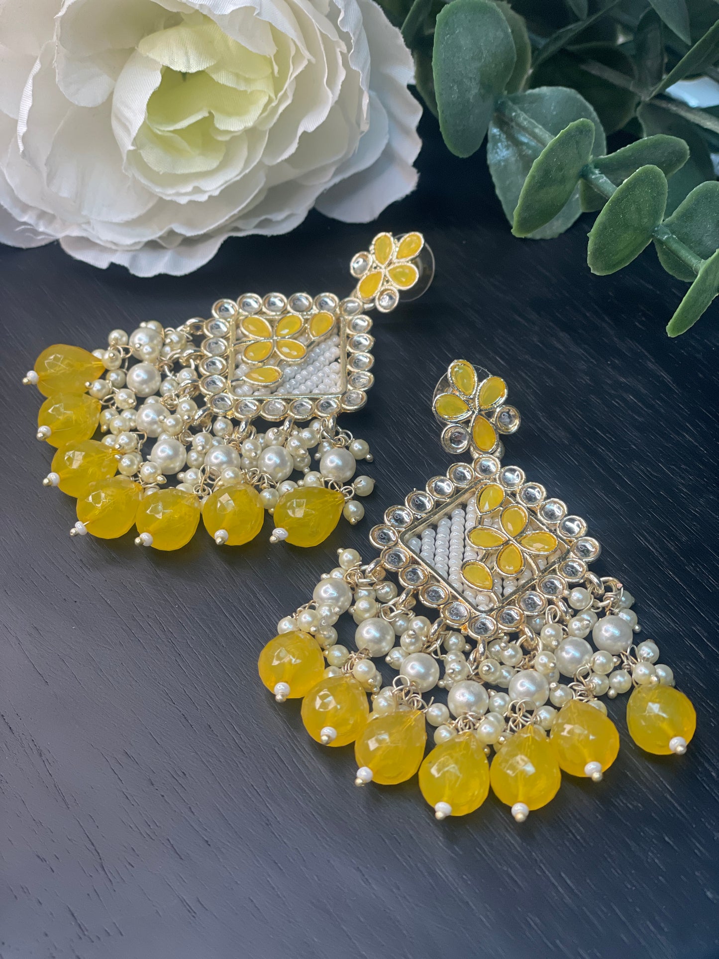 NAVYA Kundan Pearl Earrings - Yellow