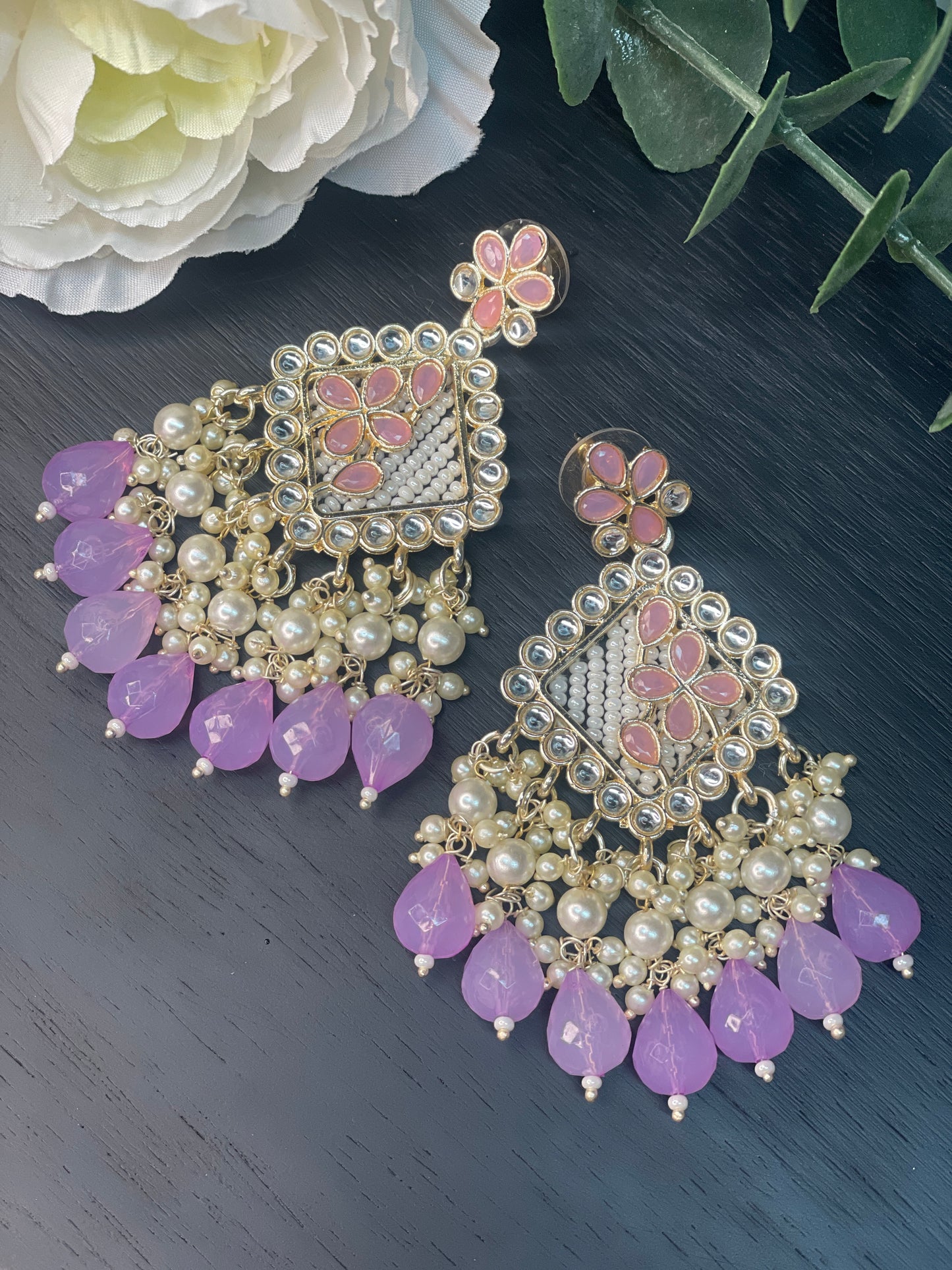 NAVYA Kundan Pearl Earrings - Lilac