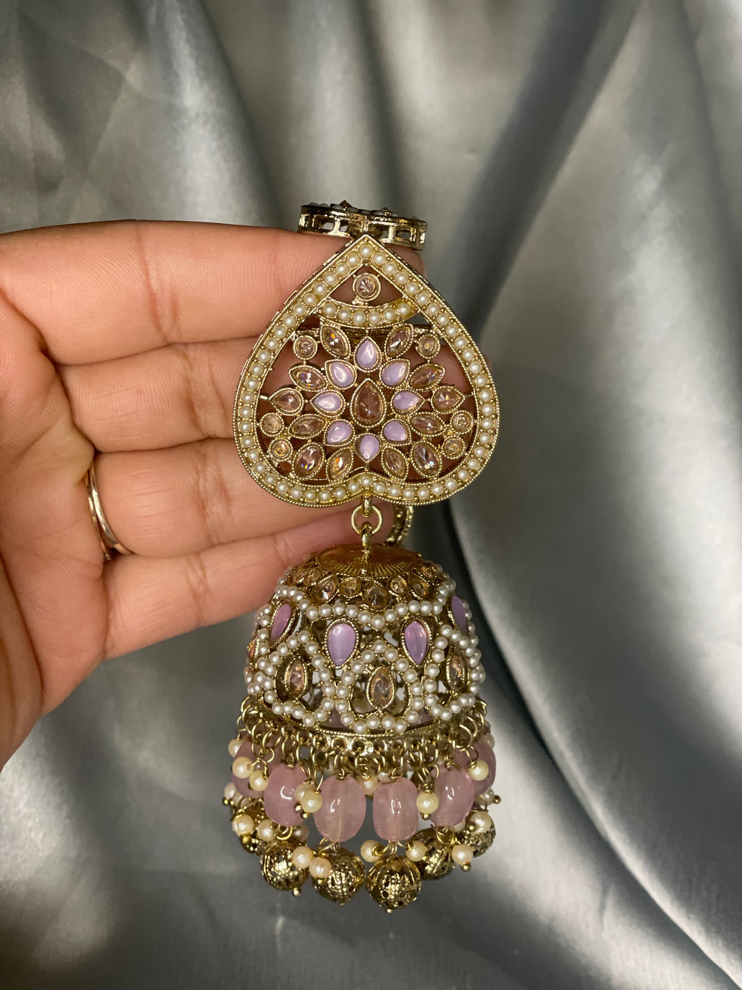 FATEMA Polki Jhumka Earrings and Tikka Set - Lilac