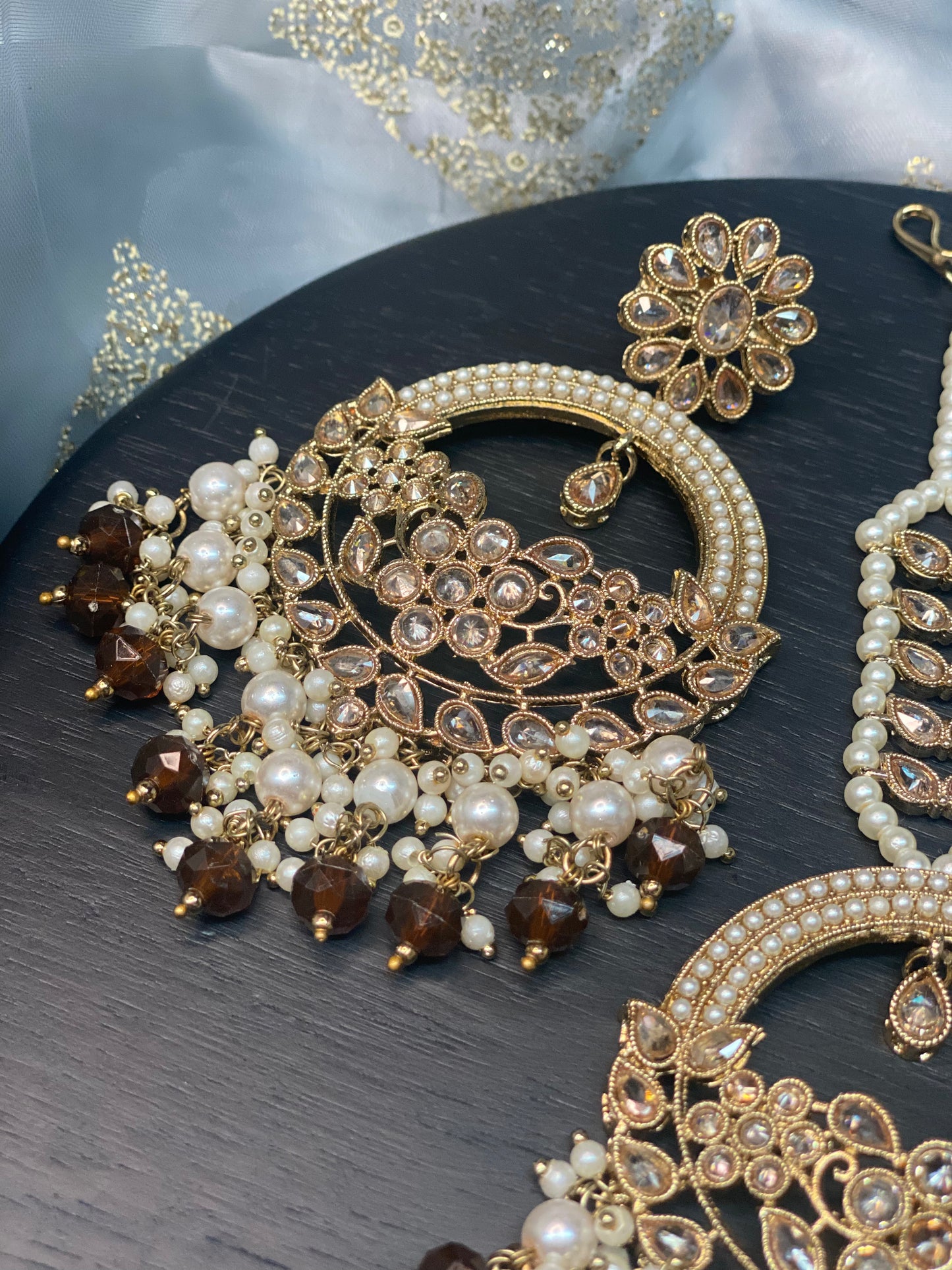 ASHIRA Polki Jhumka Earrings and Tikka Set - Earthy Brown
