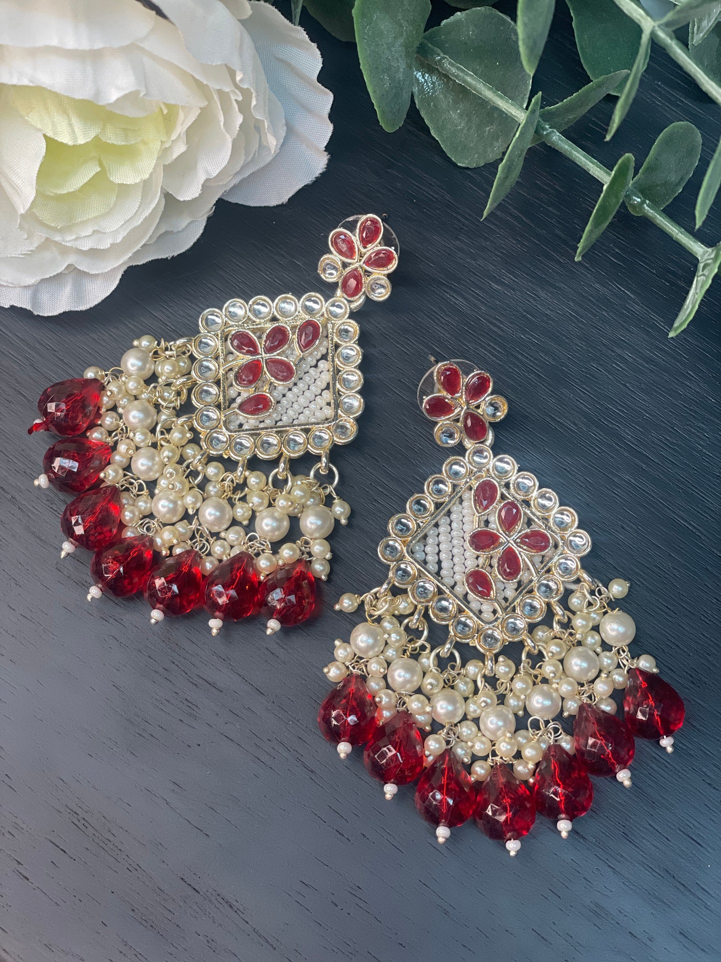 NAVYA Kundan Pearl Earrings - Maroon