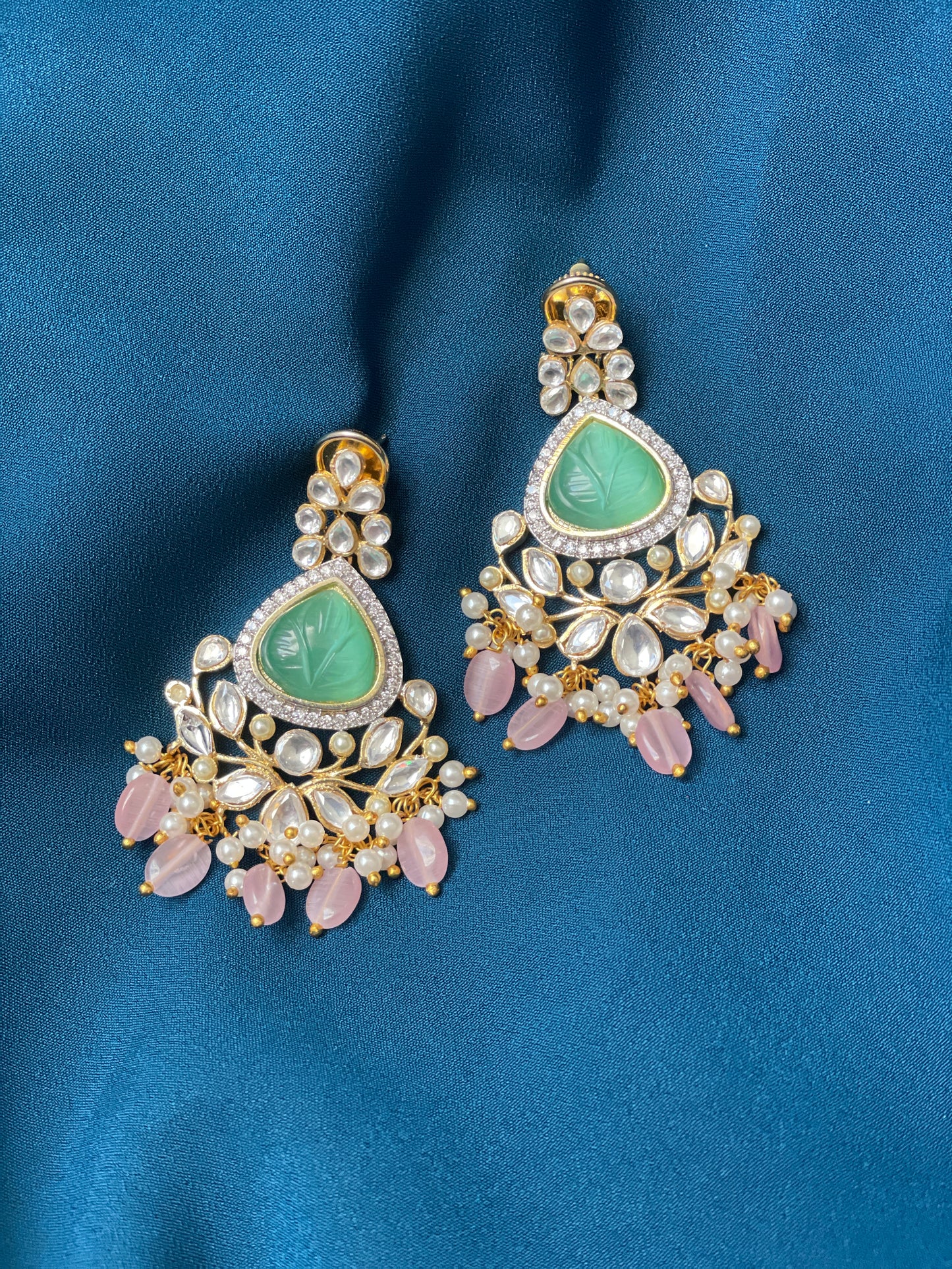 ZYLA Kundan American Diamond Chandbali - Mint