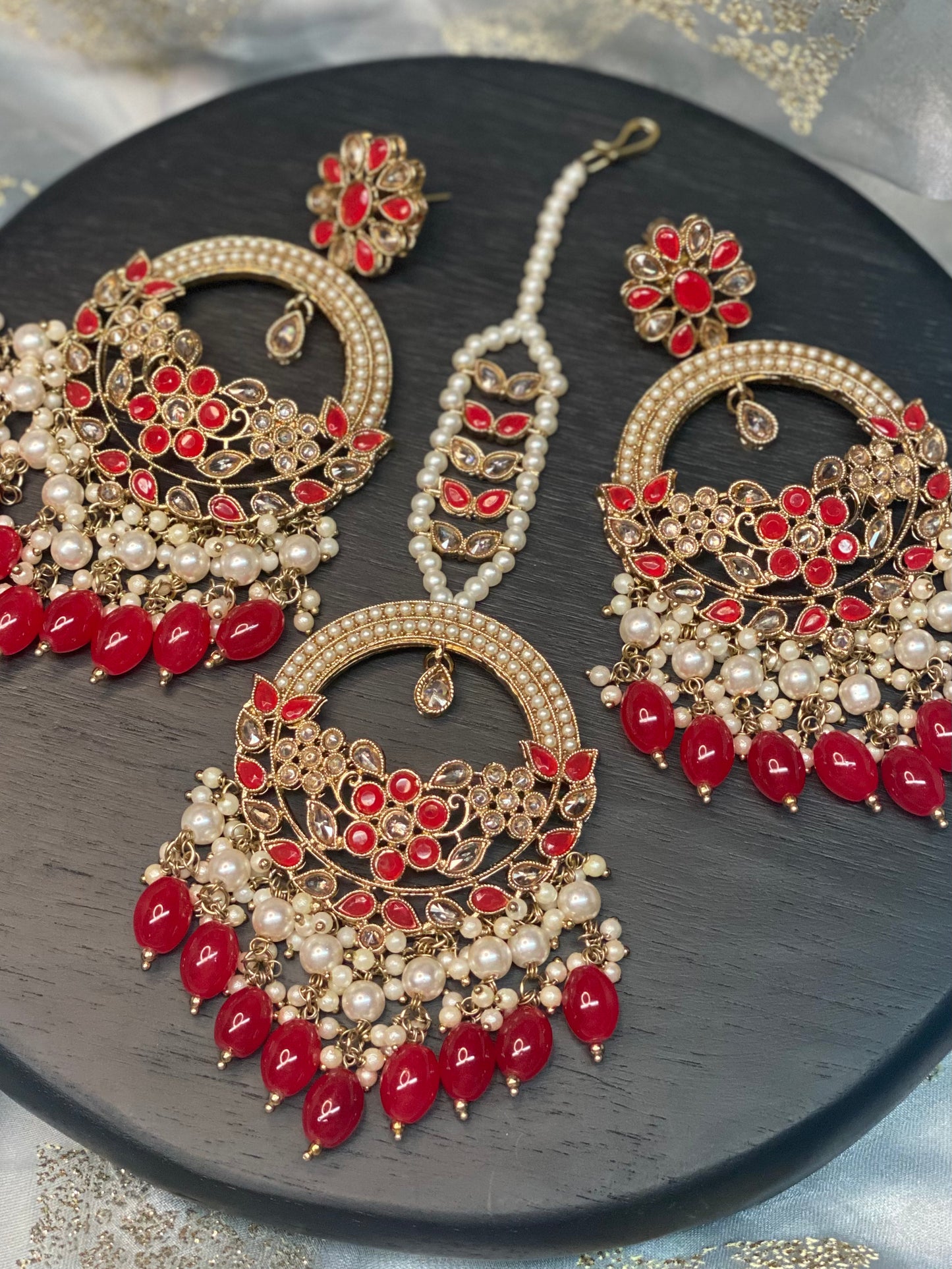 ASHIRA Polki Jhumka Earrings and Tikka Set - Forest Red