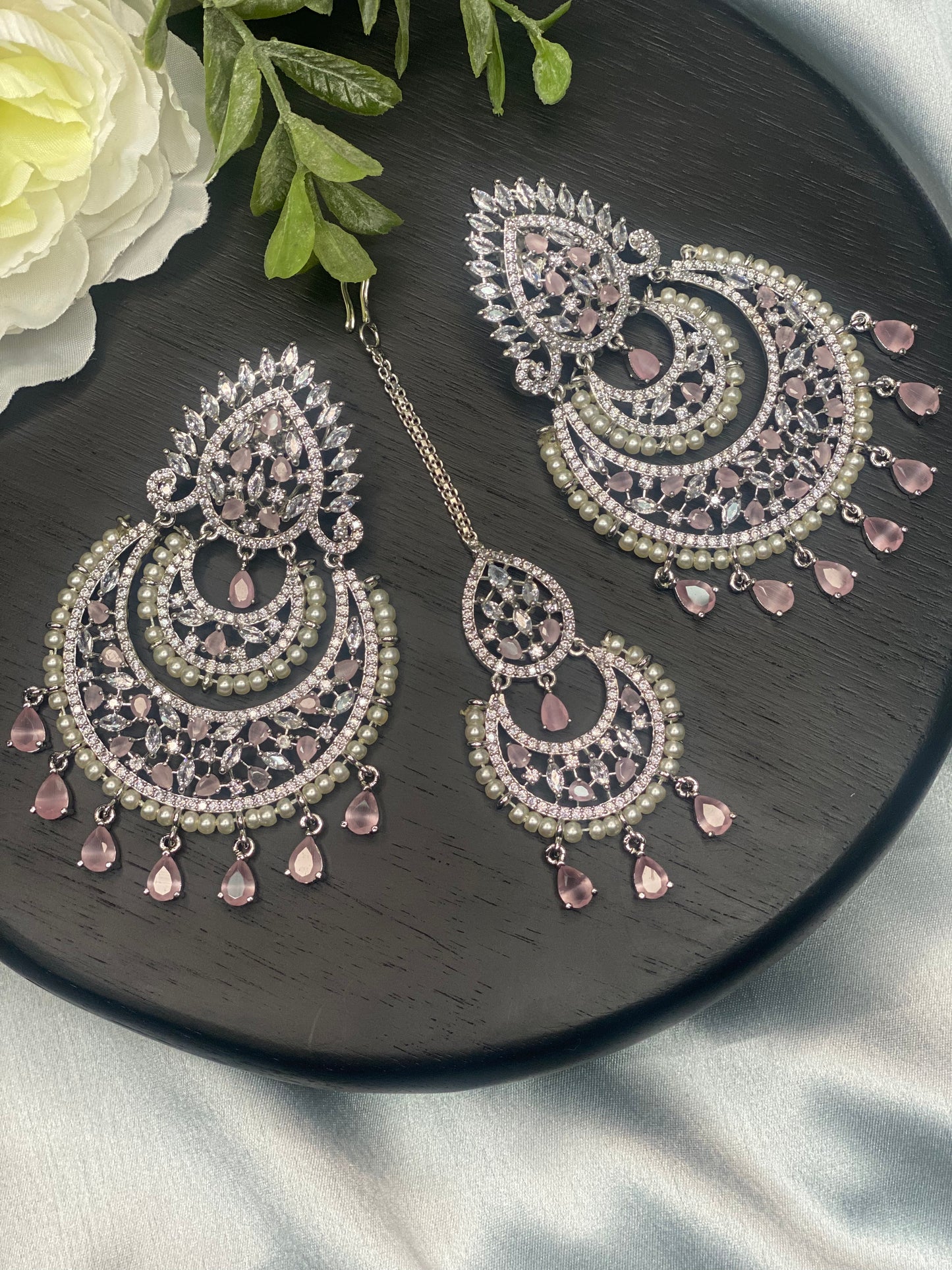 AVANI American Diamond Earrings and Tikka set - Blush