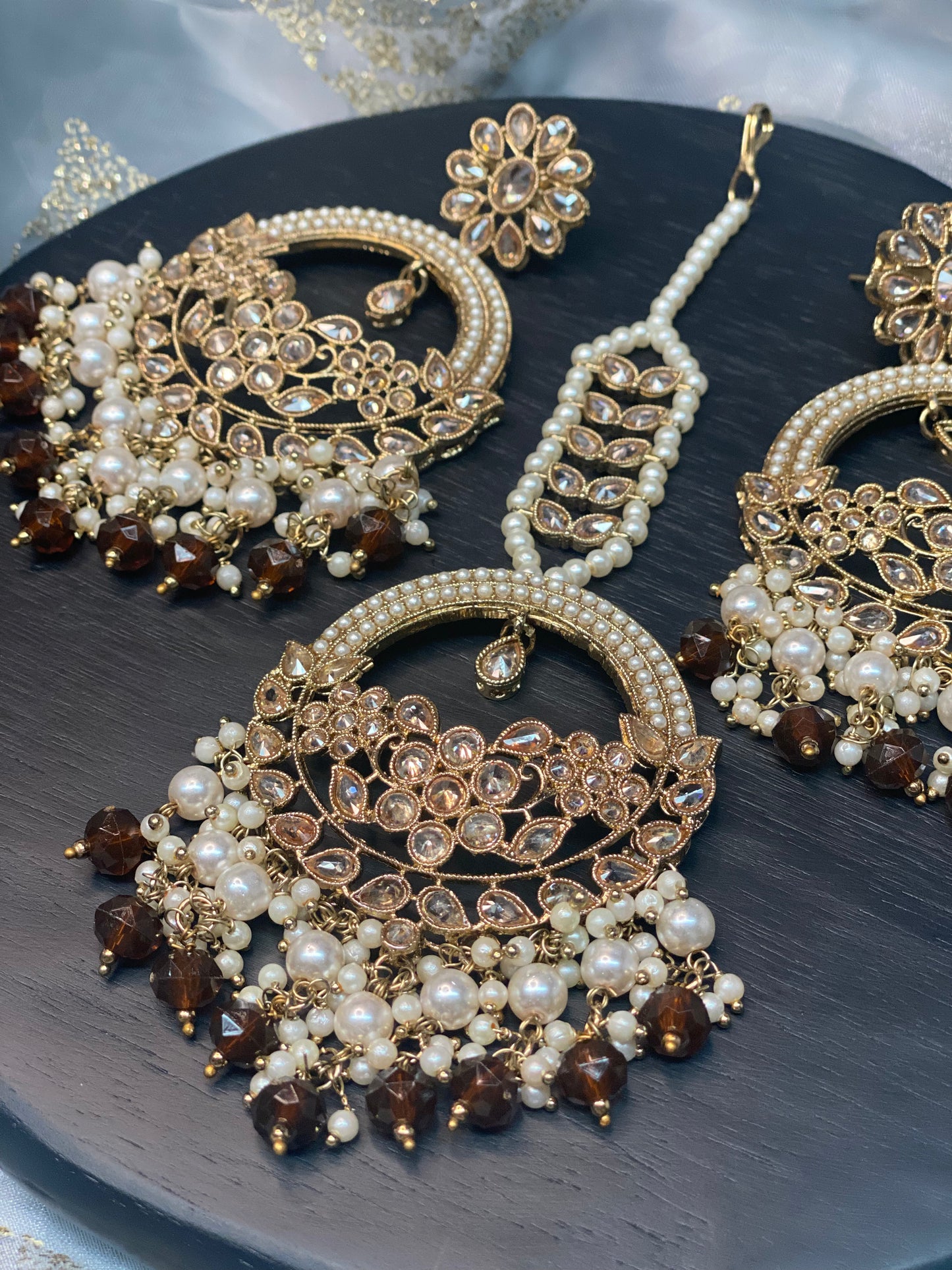 ASHIRA Polki Jhumka Earrings and Tikka Set - Earthy Brown