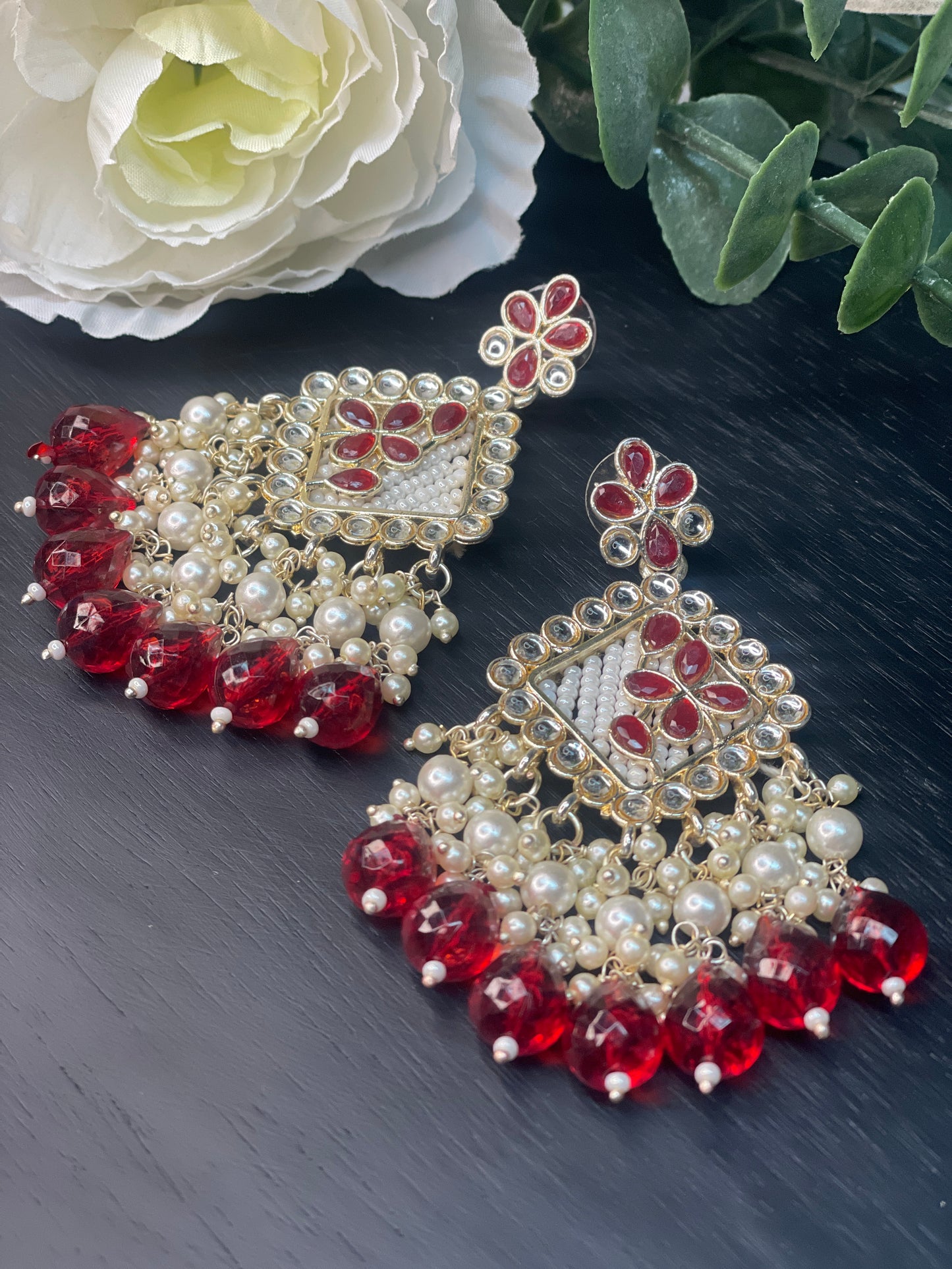 NAVYA Kundan Pearl Earrings - Maroon