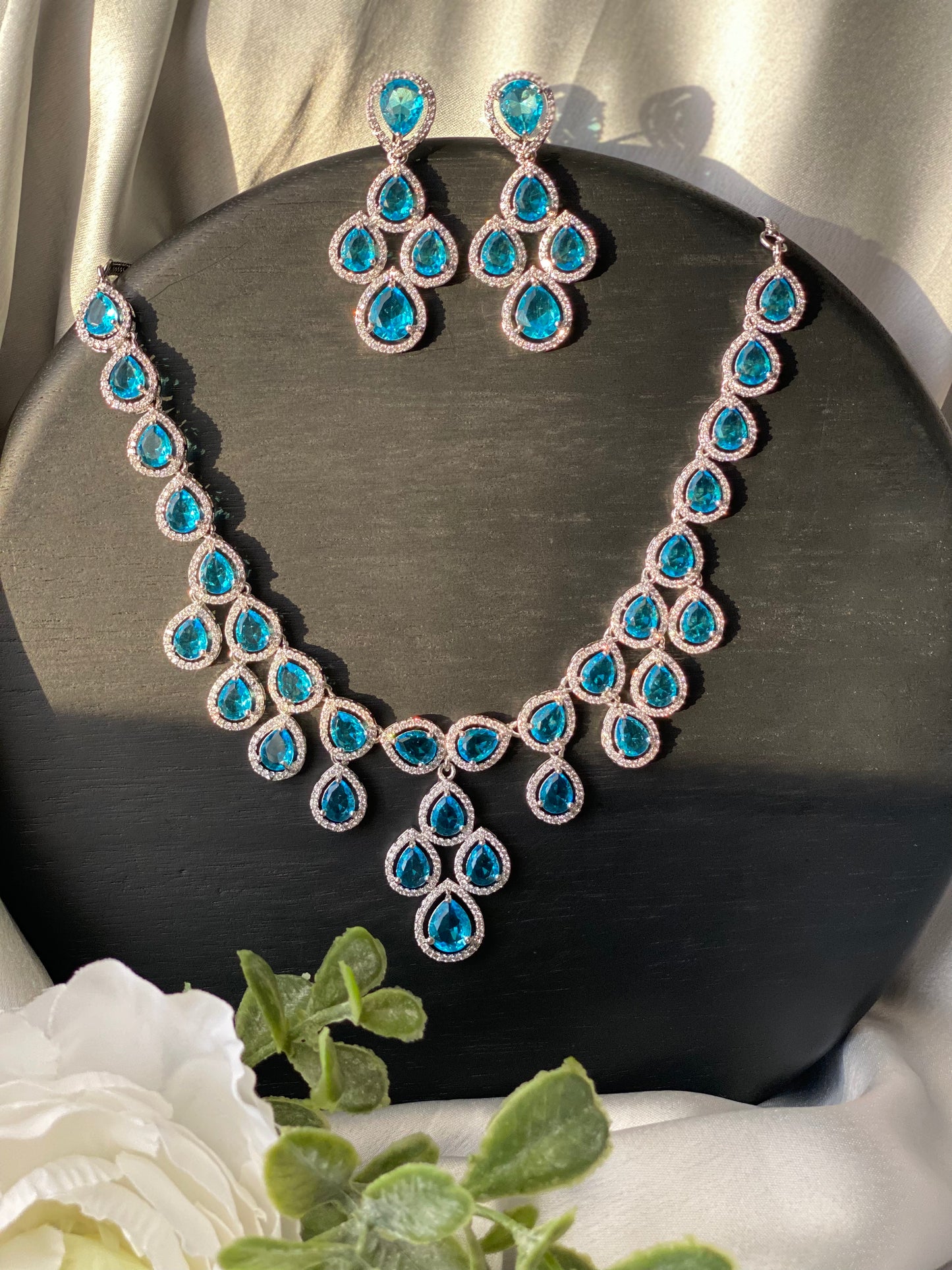 AISHA American Diamond Luxury Necklace Set - Sea Blue