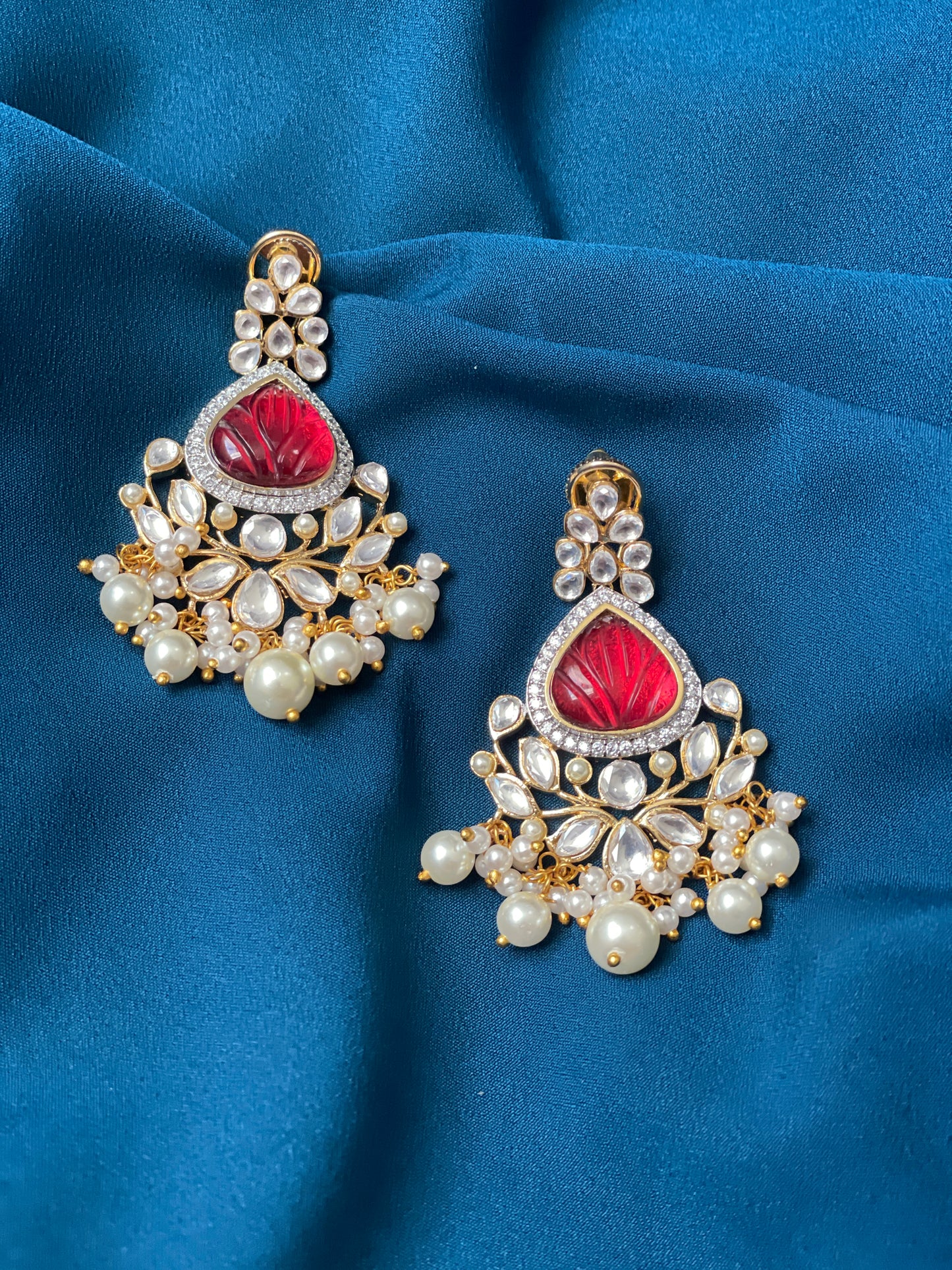 ZYLA Kundan American Diamond Chandbali - Red