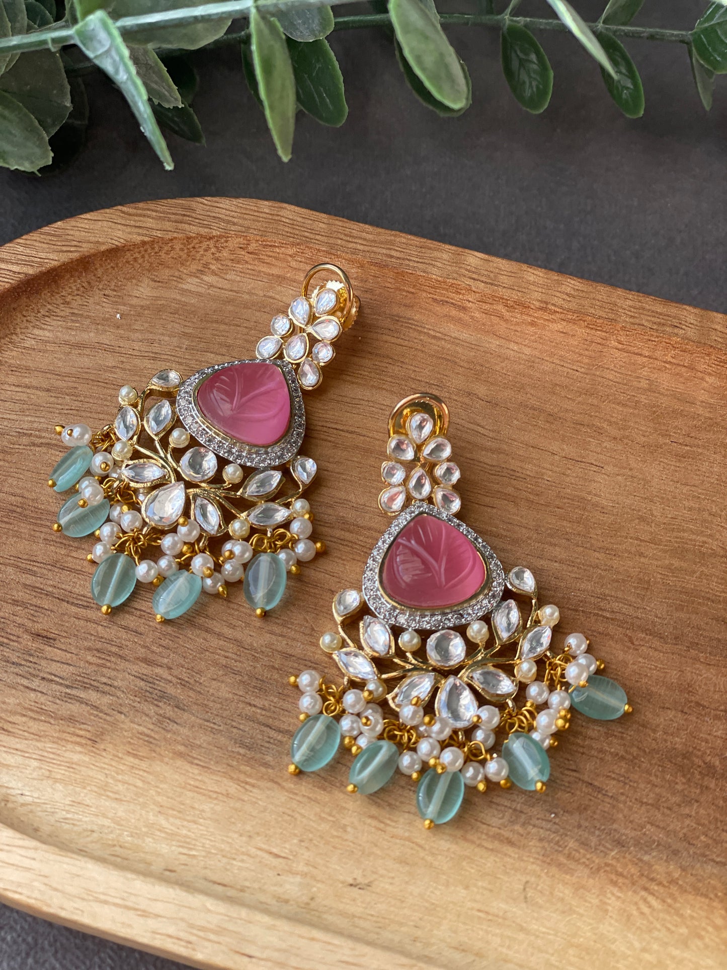 ZYLA Kundan American Diamond Chandbali - Pink