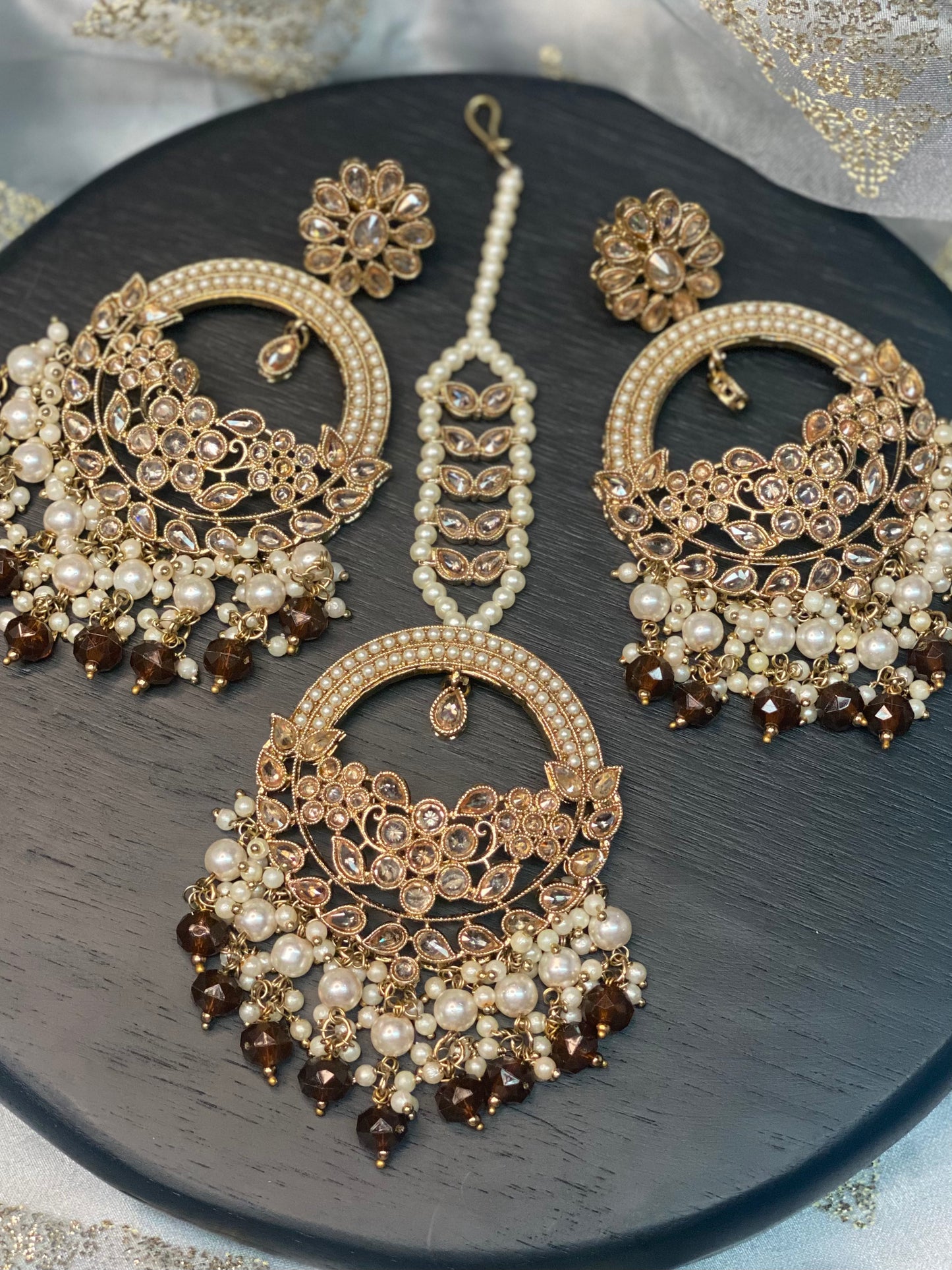 ASHIRA Polki Jhumka Earrings and Tikka Set - Earthy Brown