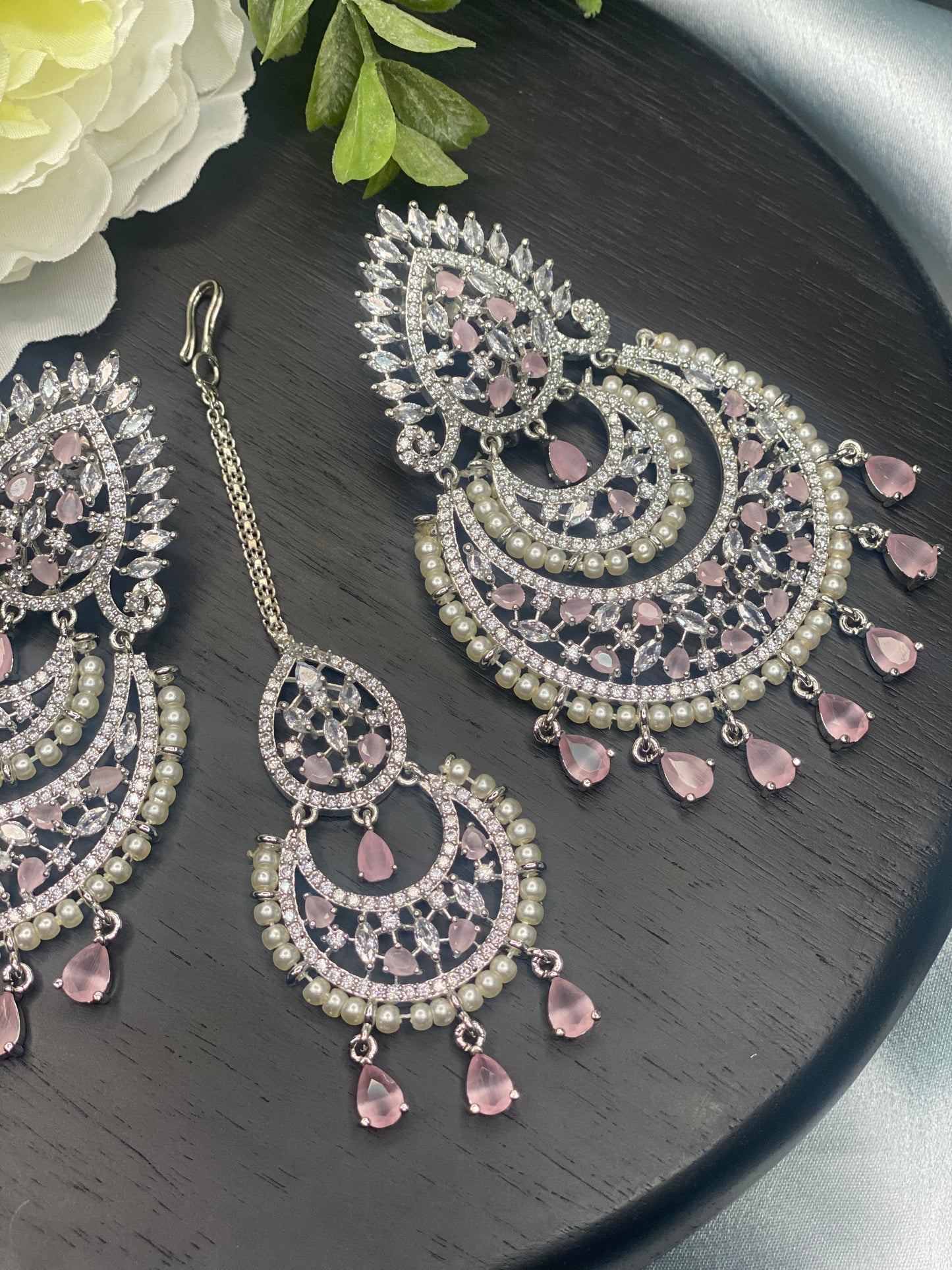 AVANI American Diamond Earrings and Tikka set - Blush