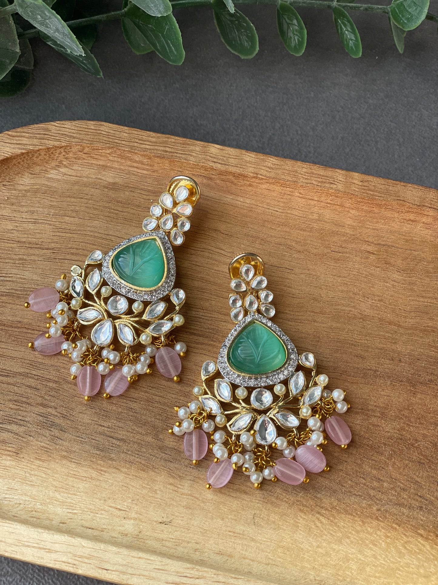 ZYLA Kundan American Diamond Chandbali - Mint