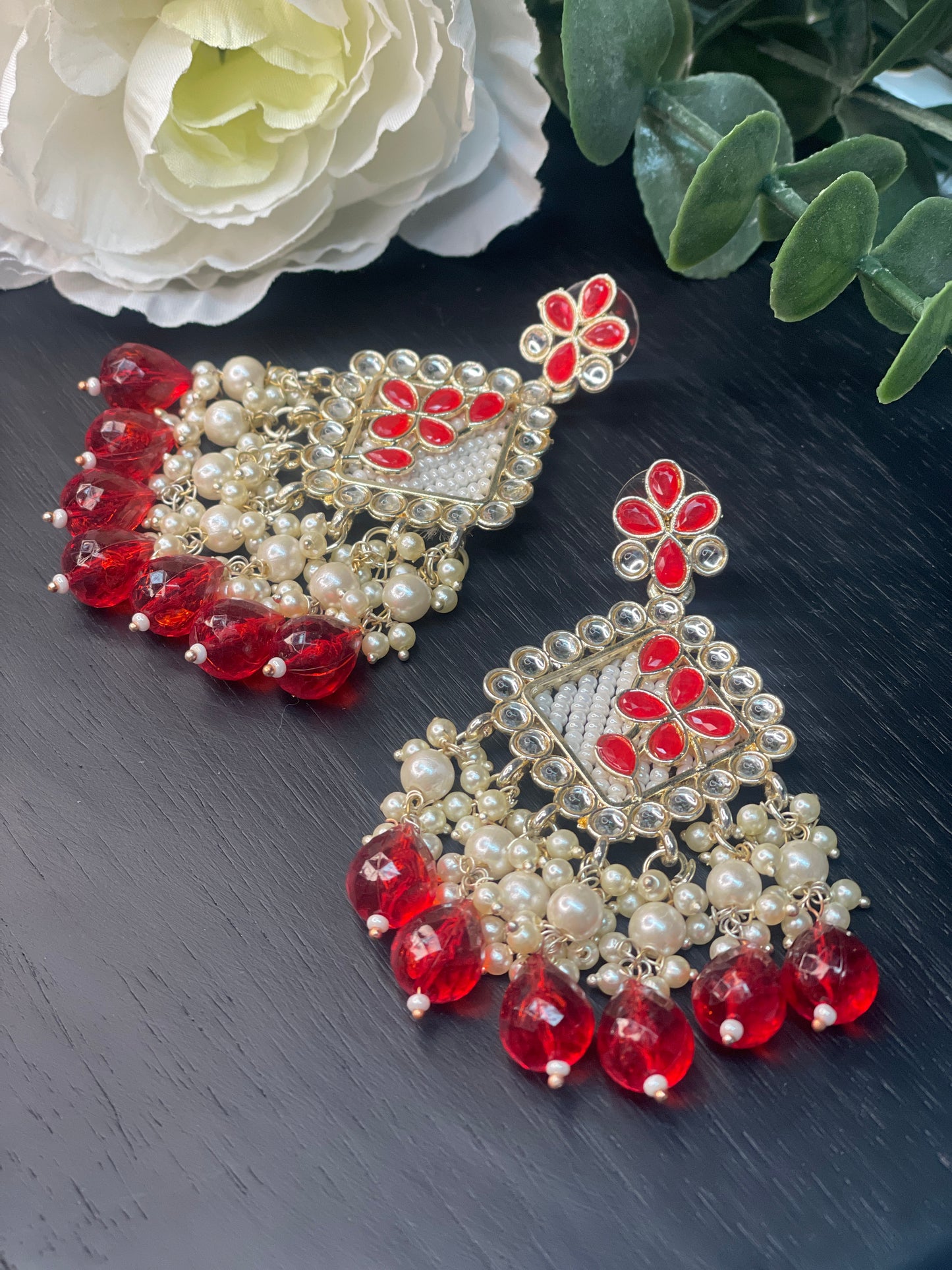 NAVYA Kundan Pearl Earrings - Red