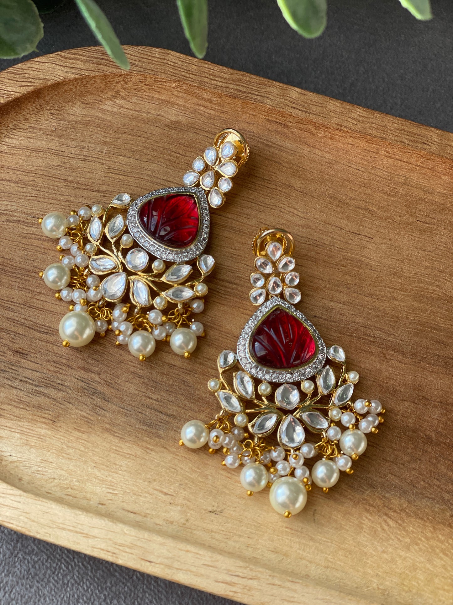 ZYLA Kundan American Diamond Chandbali - Red
