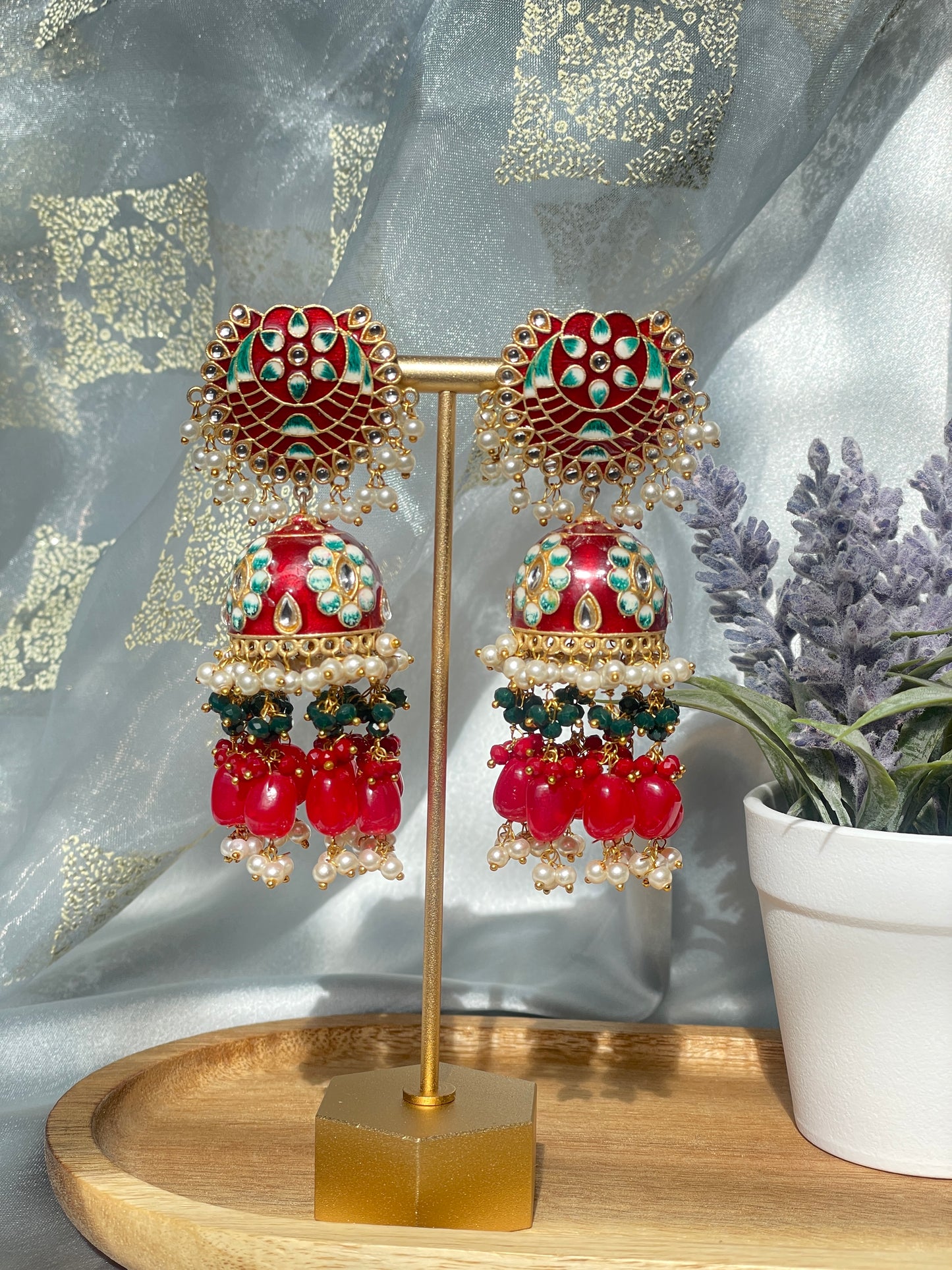 MRINALI Meenakari Jhumka - Forest Red