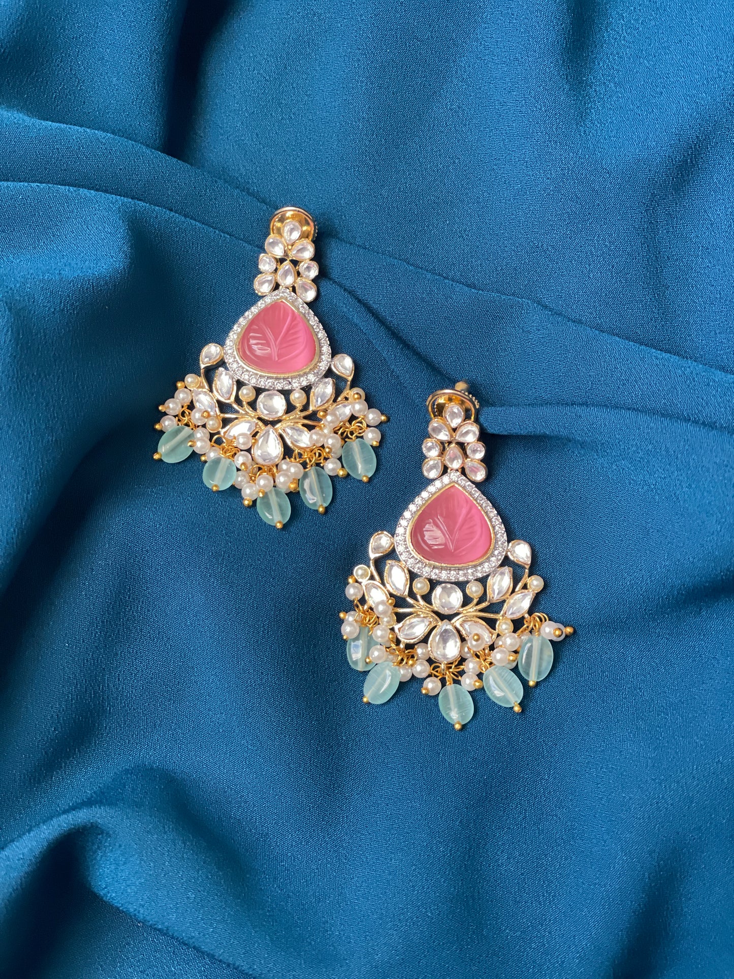 ZYLA Kundan American Diamond Chandbali - Pink