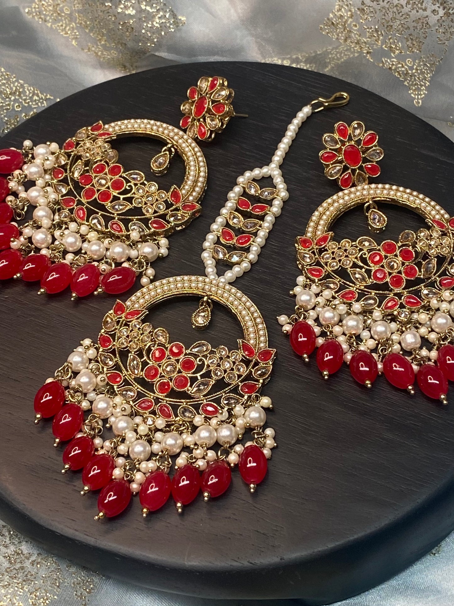ASHIRA Polki Jhumka Earrings and Tikka Set - Forest Red