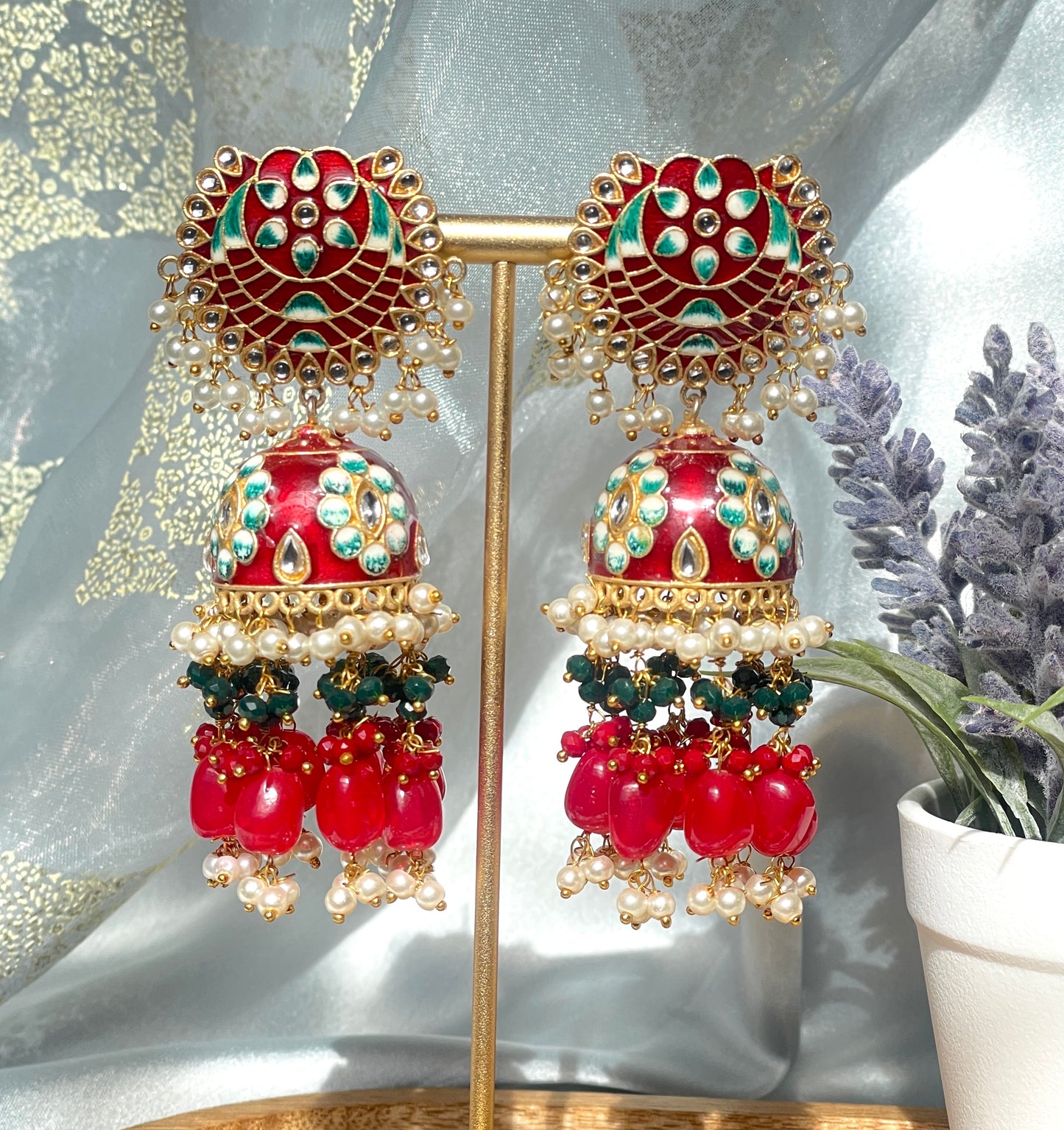 MRINALI Meenakari Jhumka - Forest Red