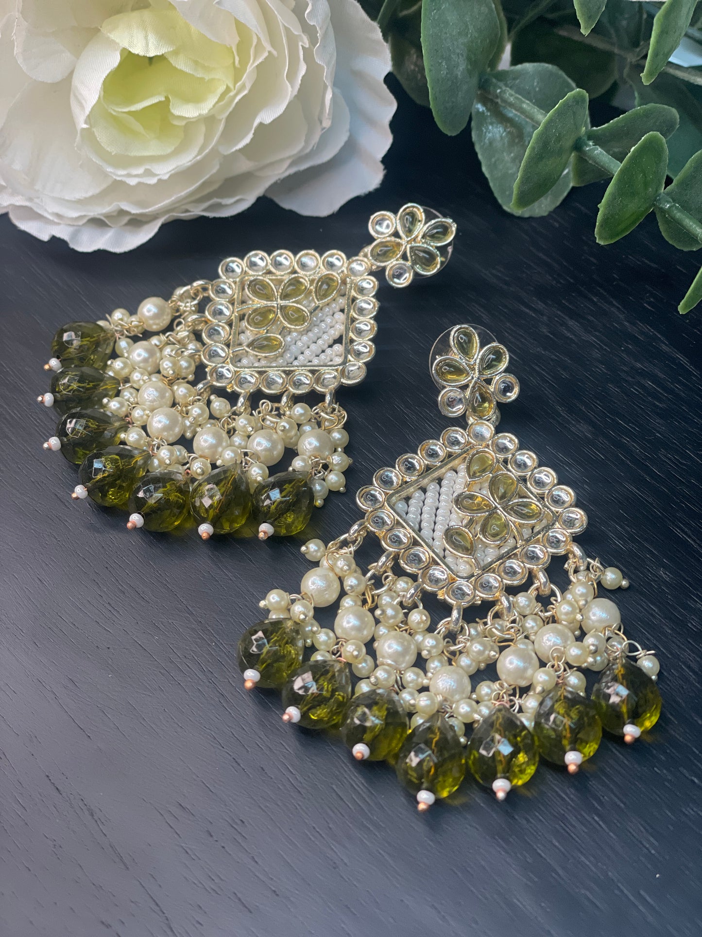 NAVYA Kundan Pearl Earrings - Olive