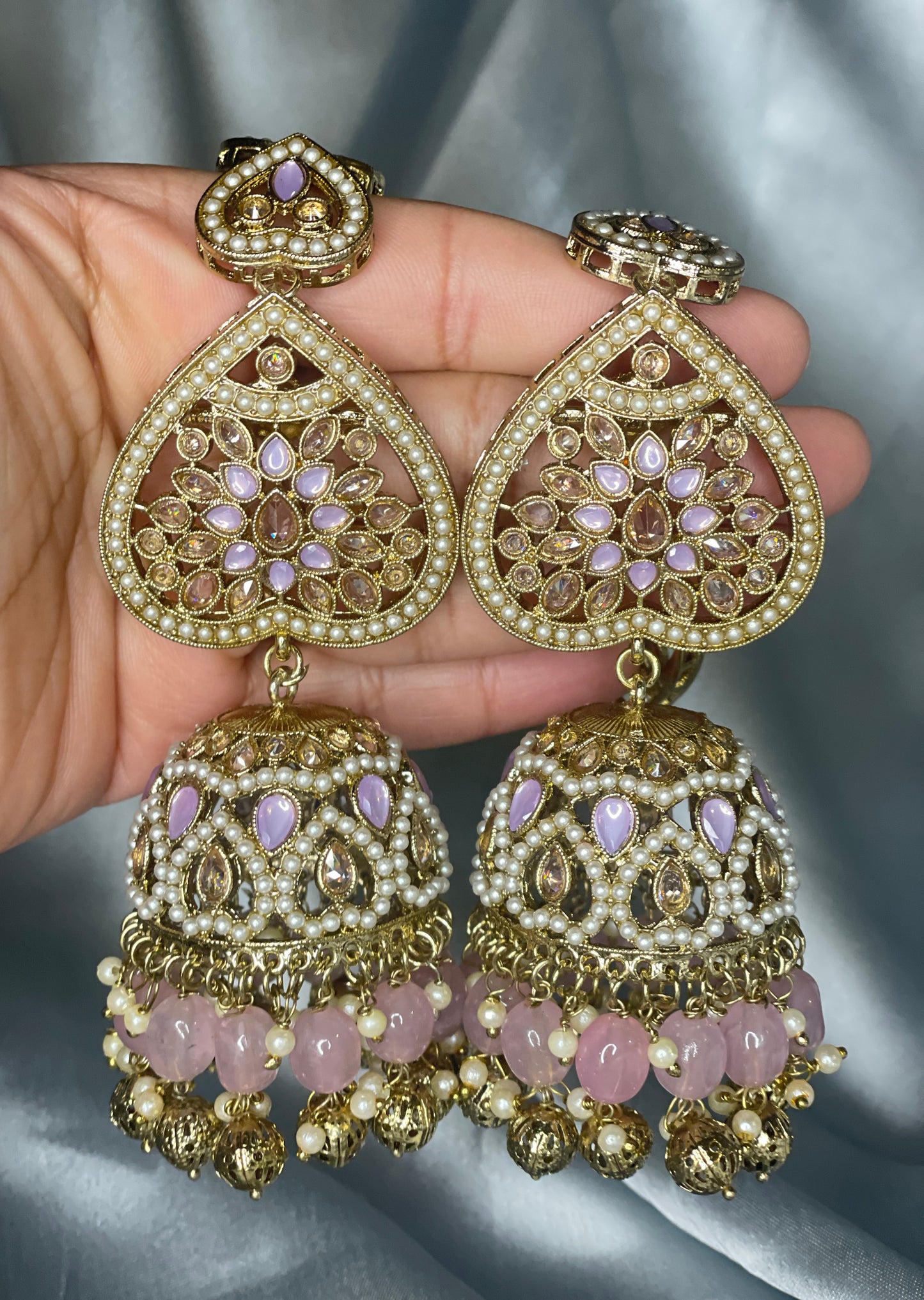 FATEMA Polki Jhumka Earrings and Tikka Set - Lilac