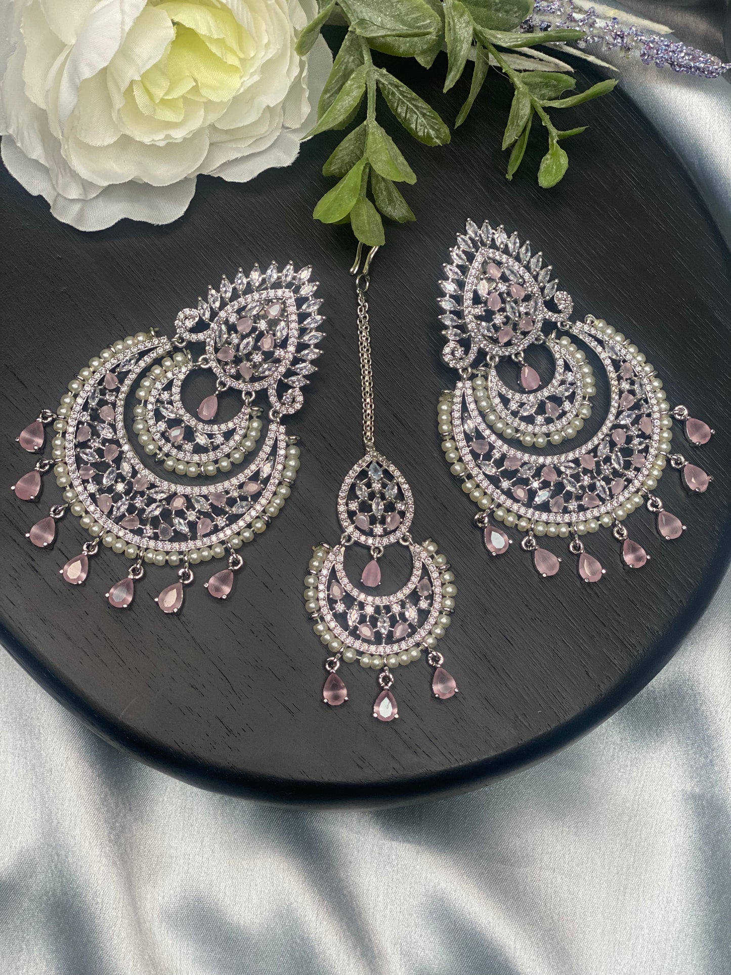 AVANI American Diamond Earrings and Tikka set - Blush