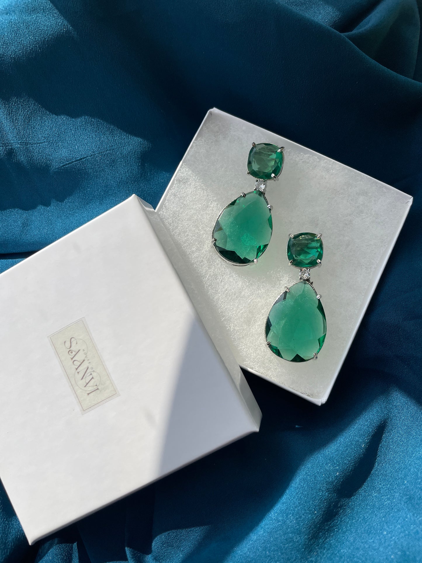 GIA - Crystal drop AD earrings in Emerald green - HOUSE OF SAANVI