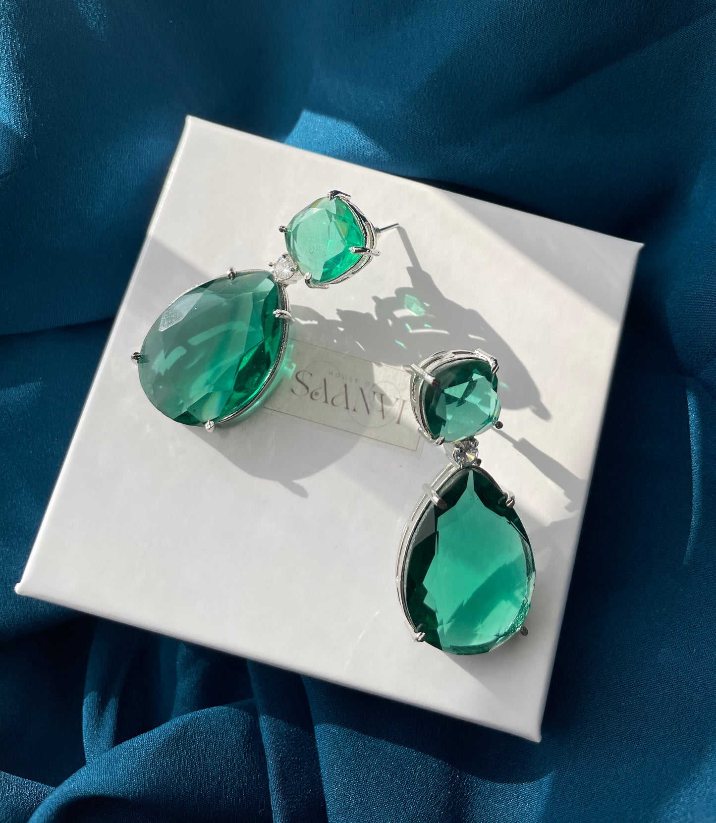 GIA - Crystal drop AD earrings in Emerald green - HOUSE OF SAANVI
