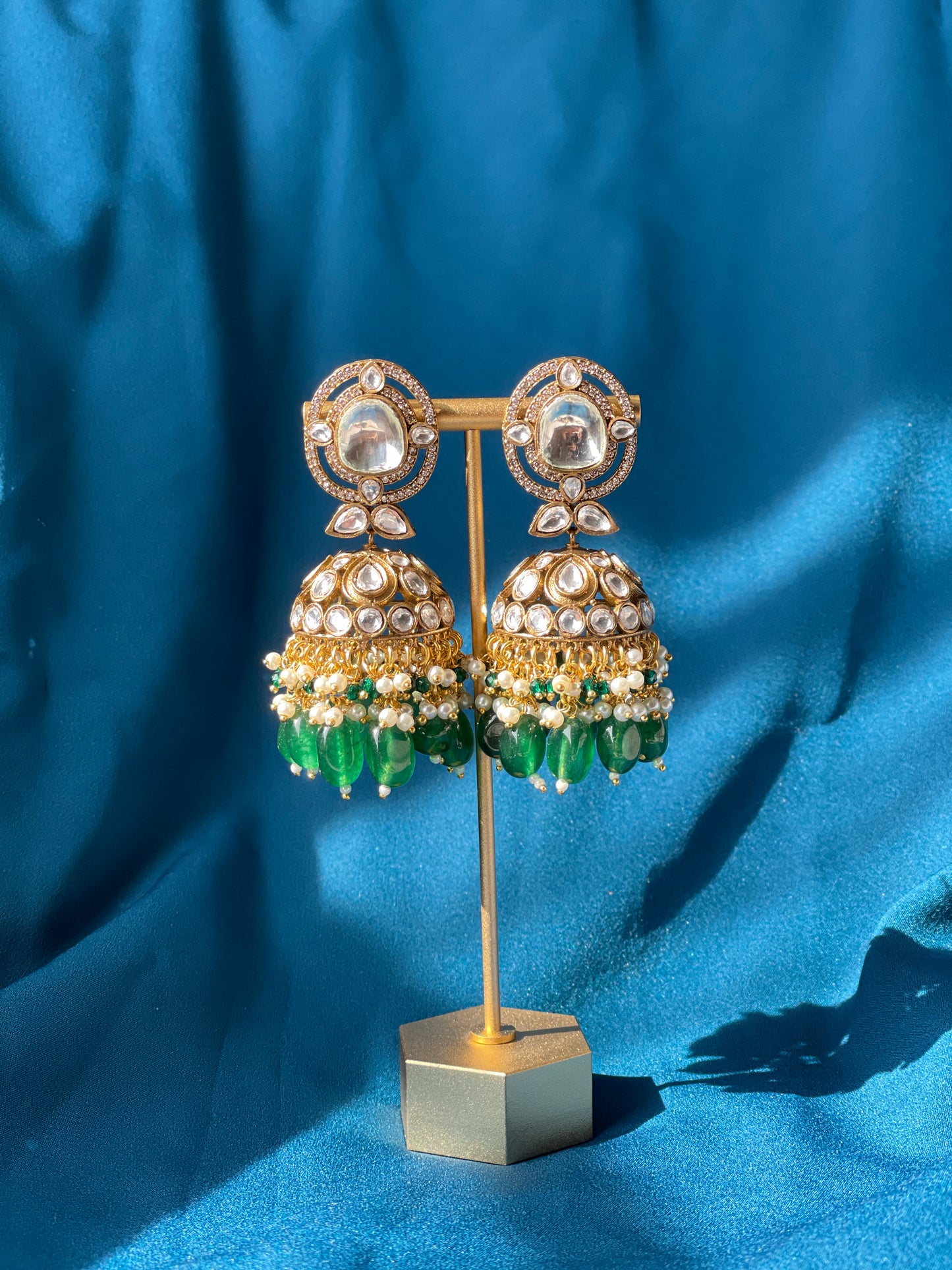 GAUHAR kundan jhumka - green - HOUSE OF SAANVI
