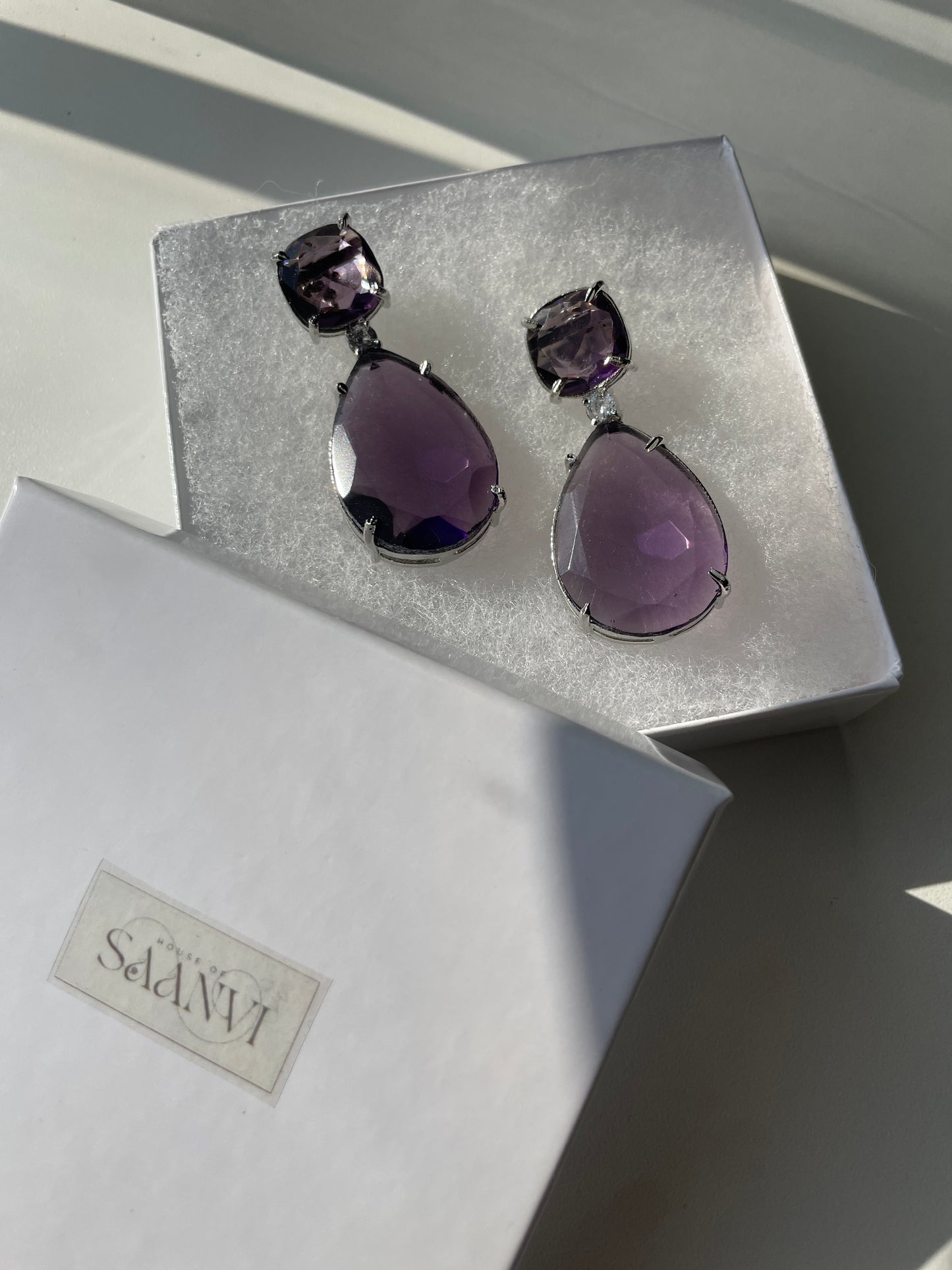 GIA - Crystal drop AD earrings in Amethyst purple - HOUSE OF SAANVI