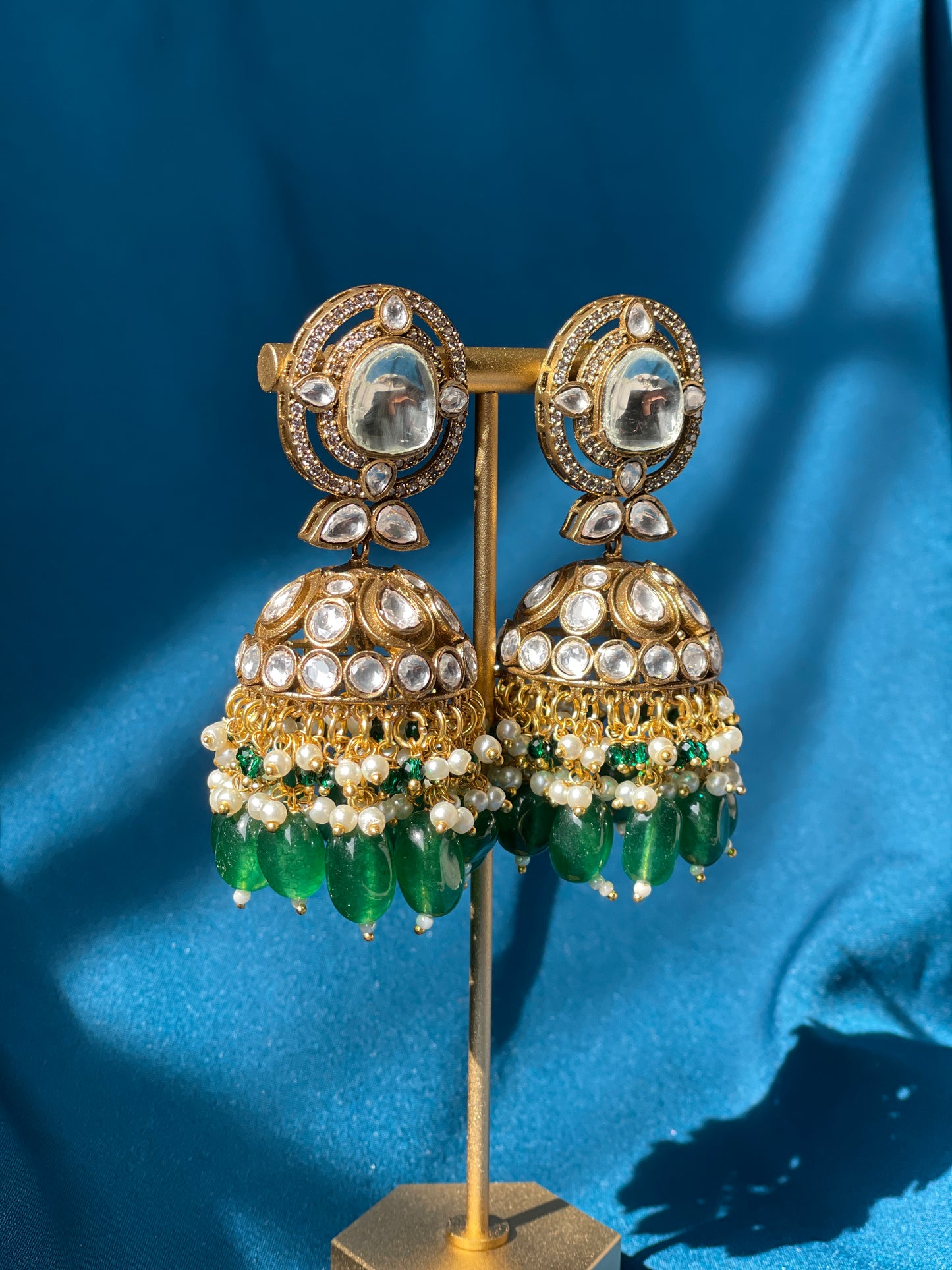 GAUHAR kundan jhumka - green - HOUSE OF SAANVI
