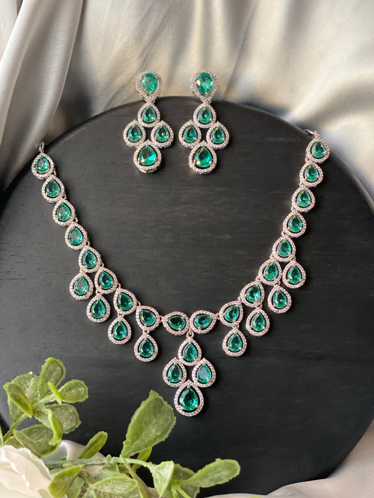 AISHA American Diamond Luxury Necklace Set - Sea Green