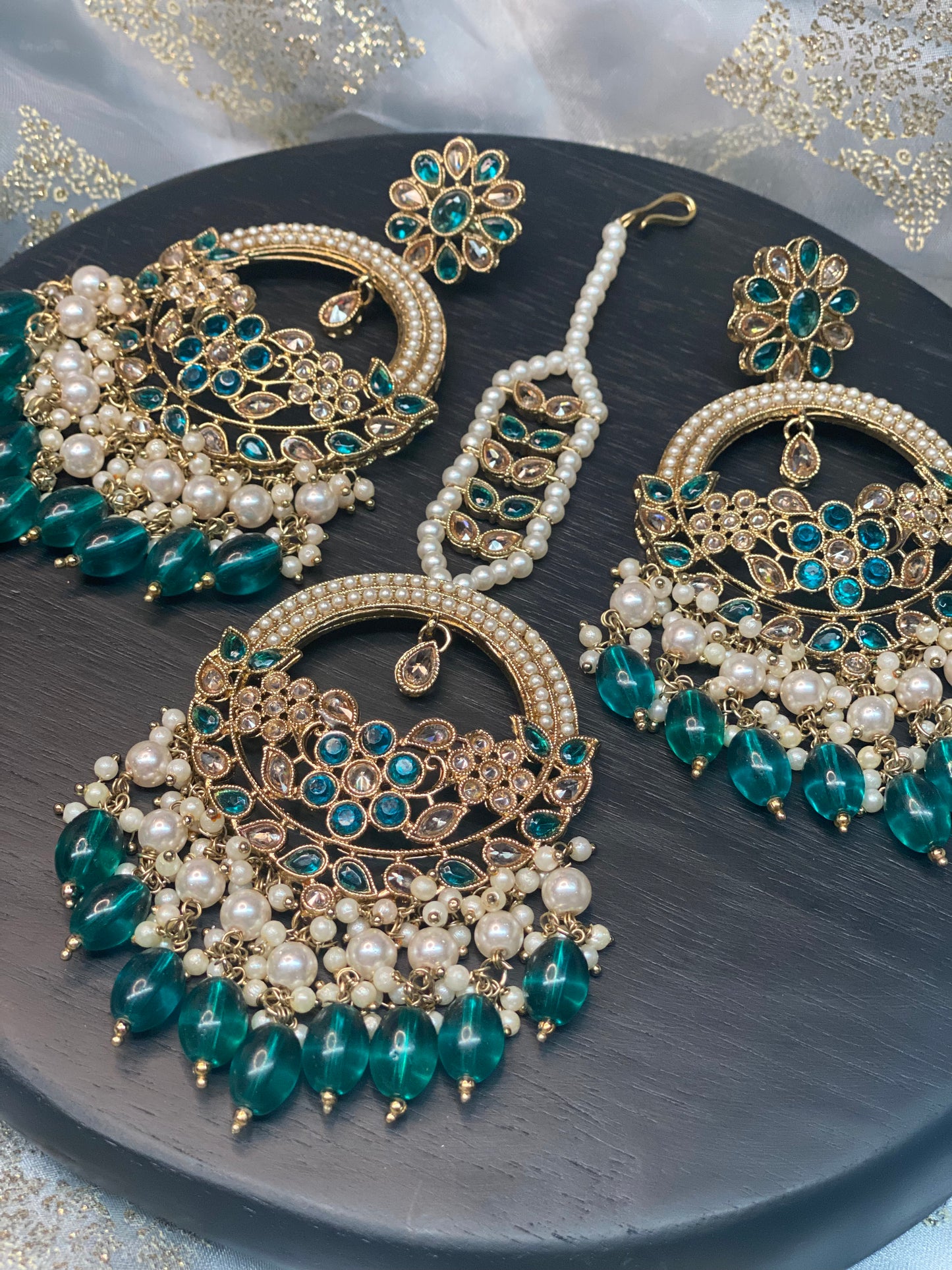 ASHIRA Polki Jhumka Earrings and Tikka Set - Peacock Green