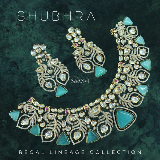 SHUBHRA Kundan American Diamond Victorian Finish Necklace Set - Mint
