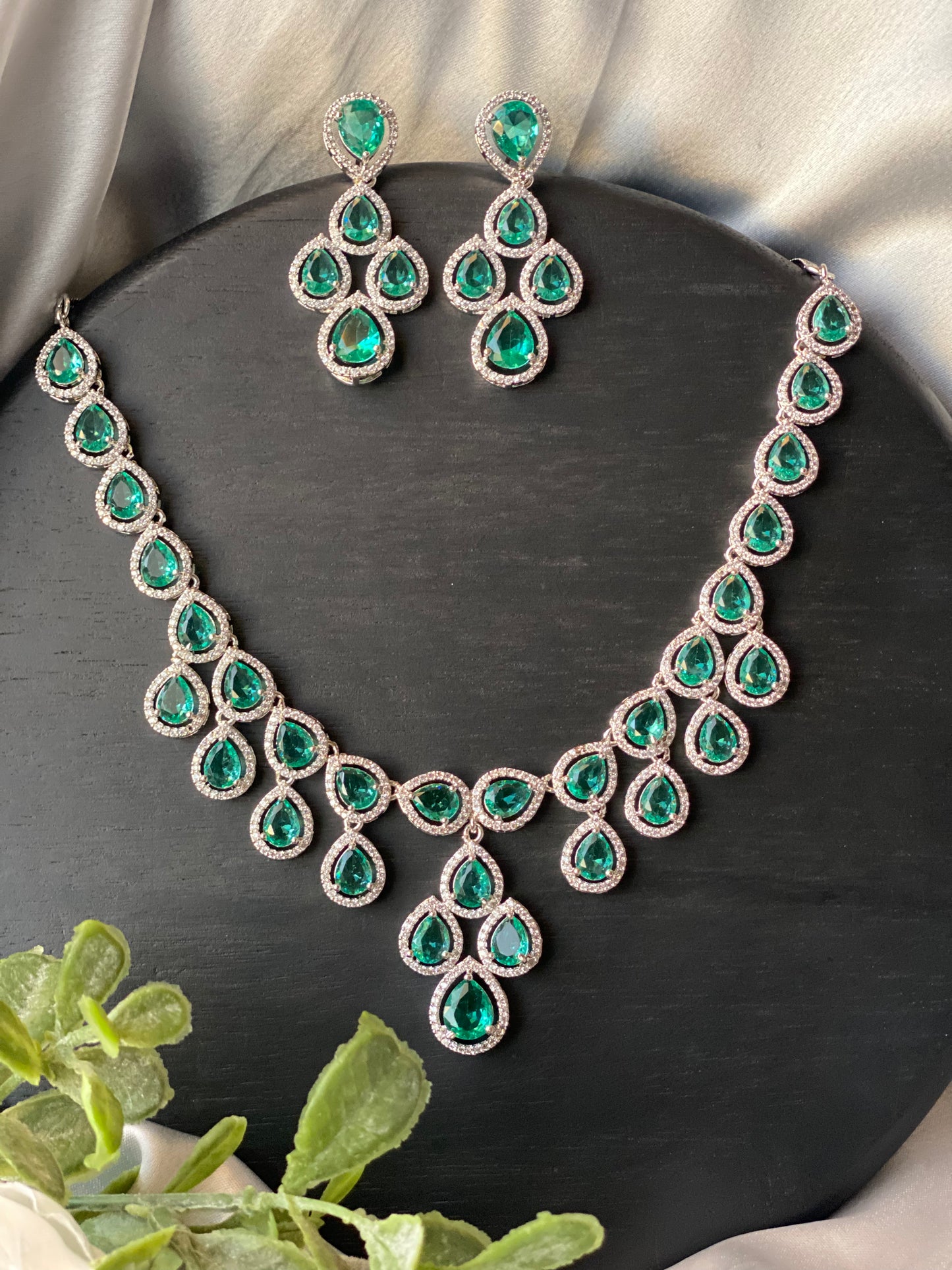 AISHA American Diamond Luxury Necklace Set - Sea Green