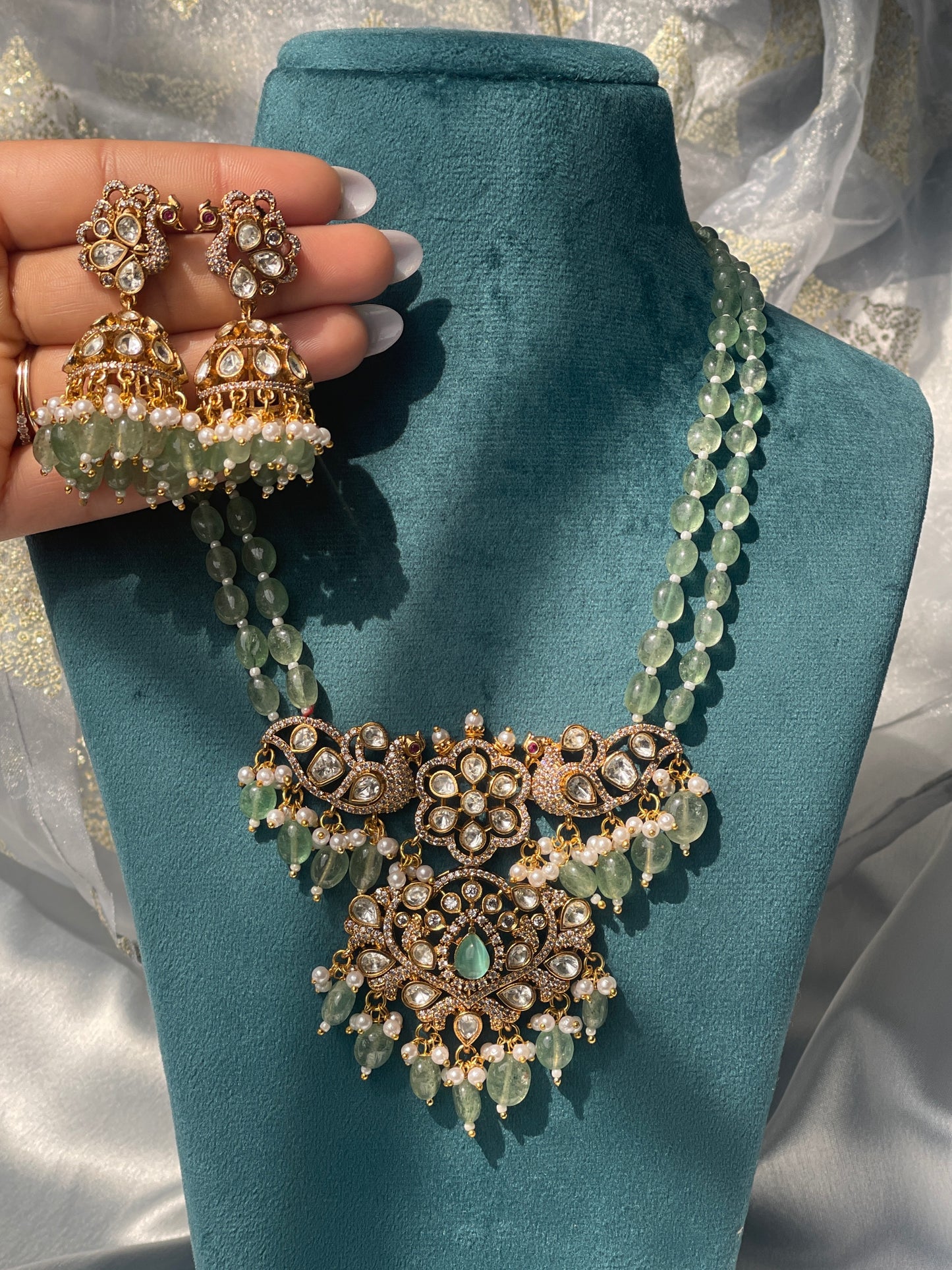 DEVI Moissanite polki Long Mala Necklace - Mint