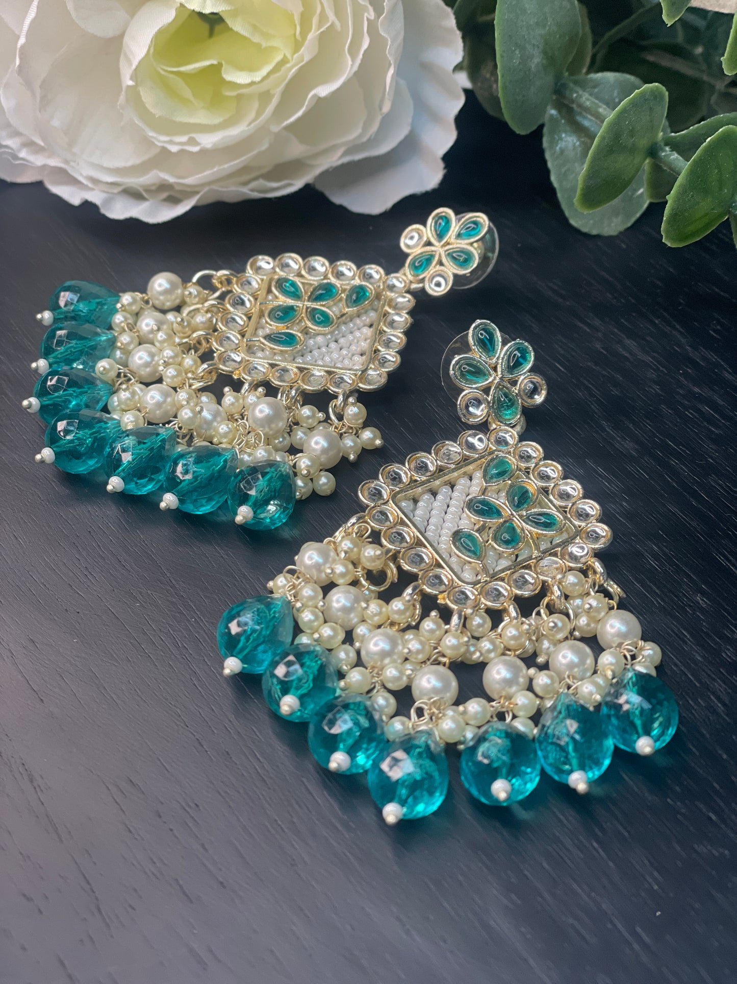 NAVYA Kundan Pearl Earrings - Green