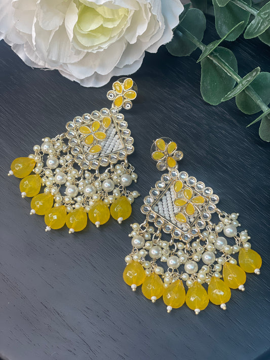 NAVYA Kundan Pearl Earrings - Yellow