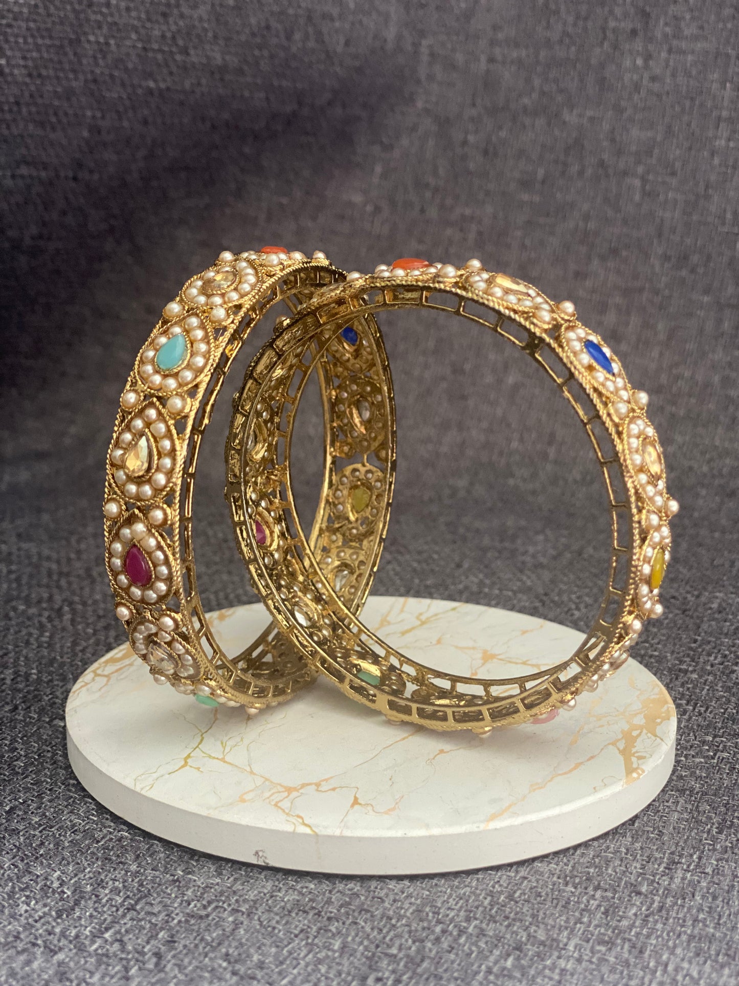 KEERAT - Antique Gold polish Polki Bangles in Multi