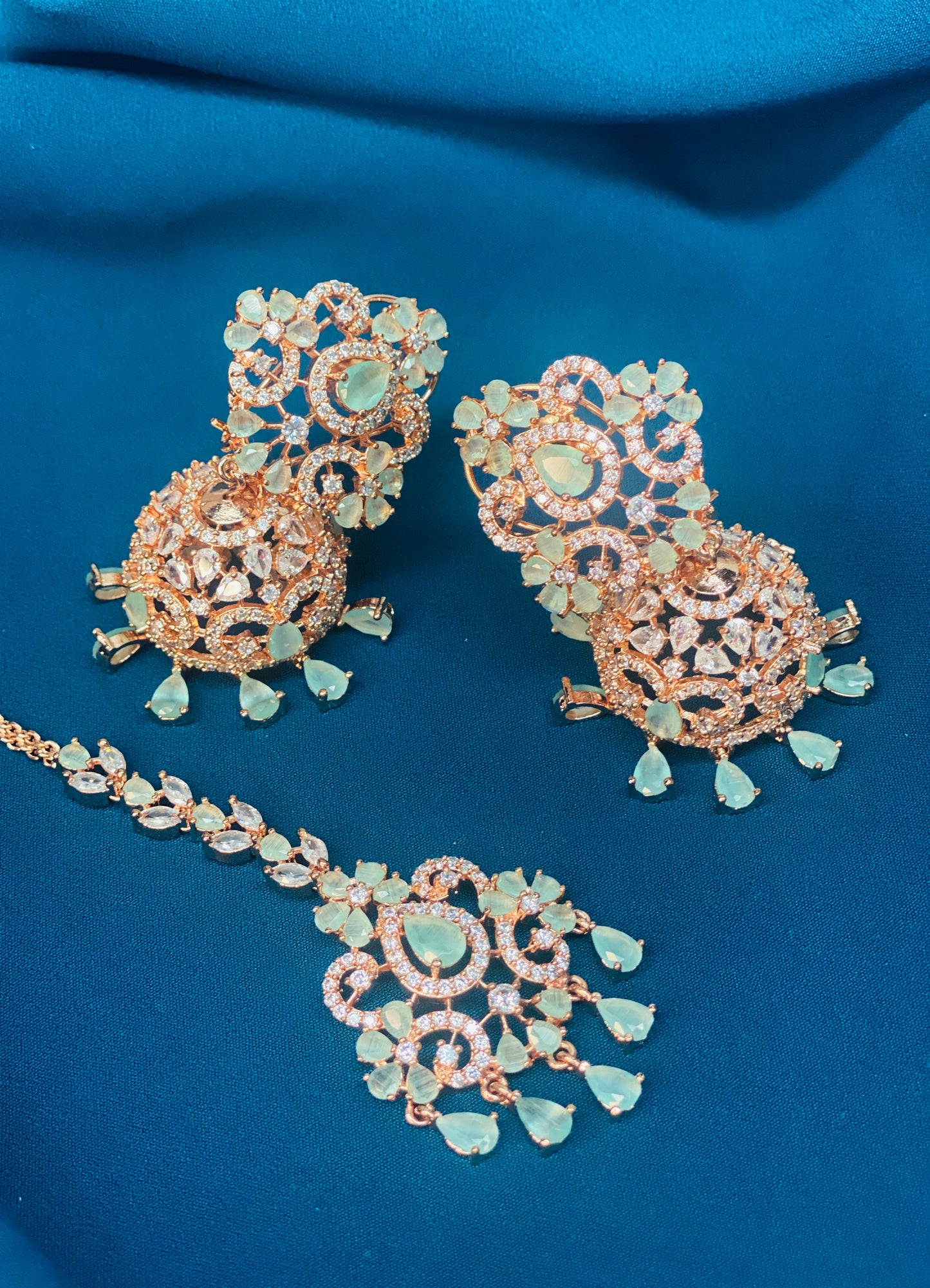 NIHARIKA American Diamond Earrings and Tikka set - Mint