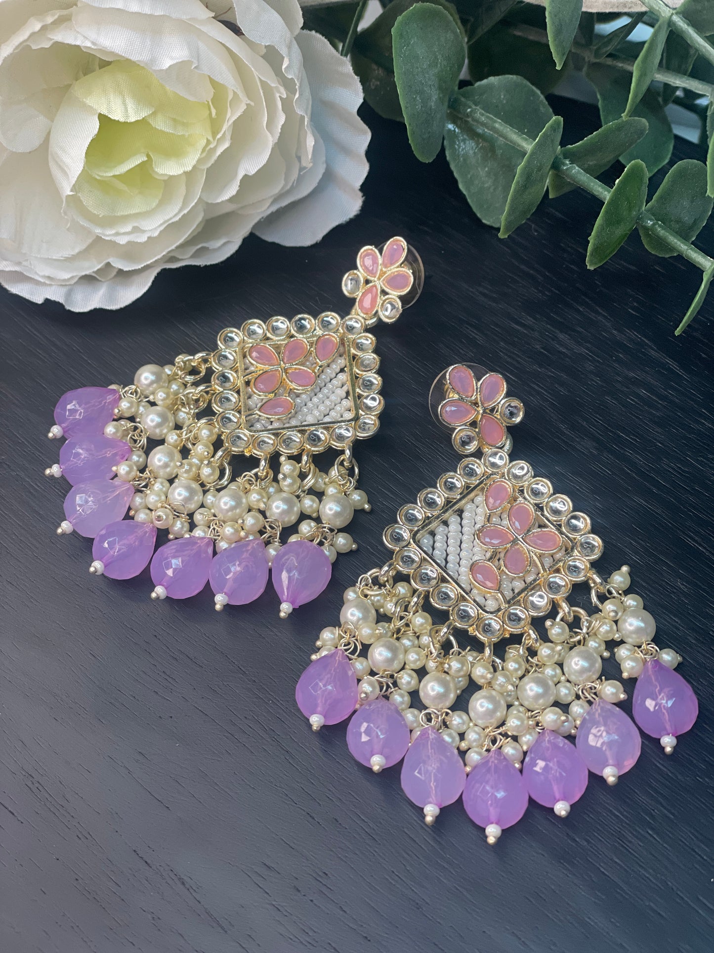 NAVYA Kundan Pearl Earrings - Lilac