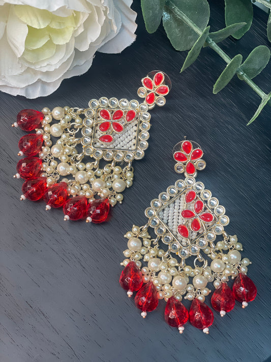 NAVYA Kundan Pearl Earrings - Red